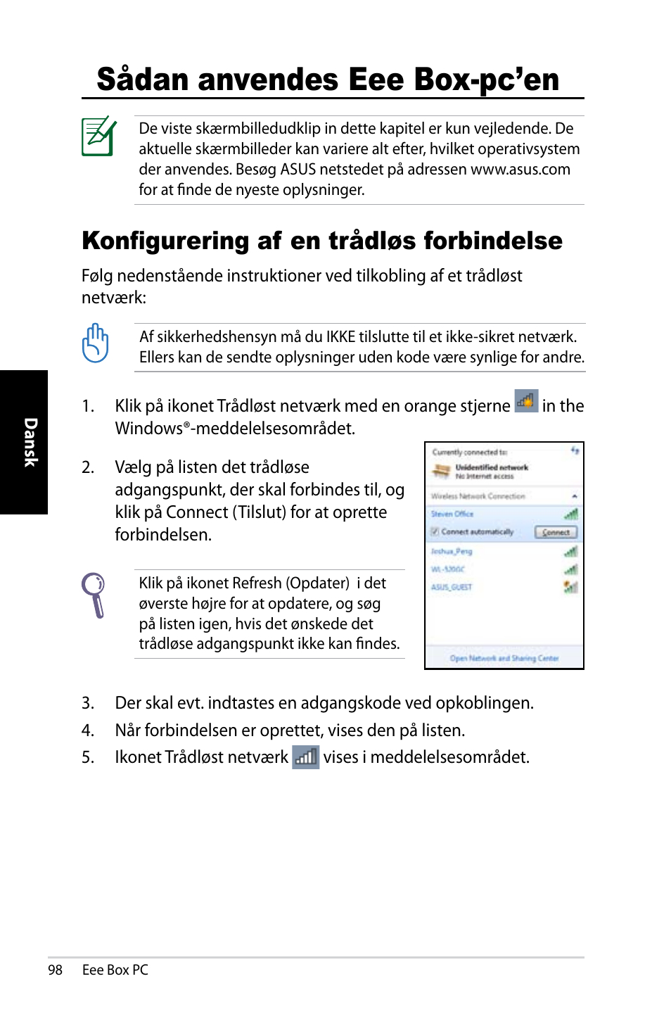 Sådan anvendes eee box-pc’en, Konfigurering af en trådløs forbindelse | Asus EB1007 User Manual | Page 98 / 181