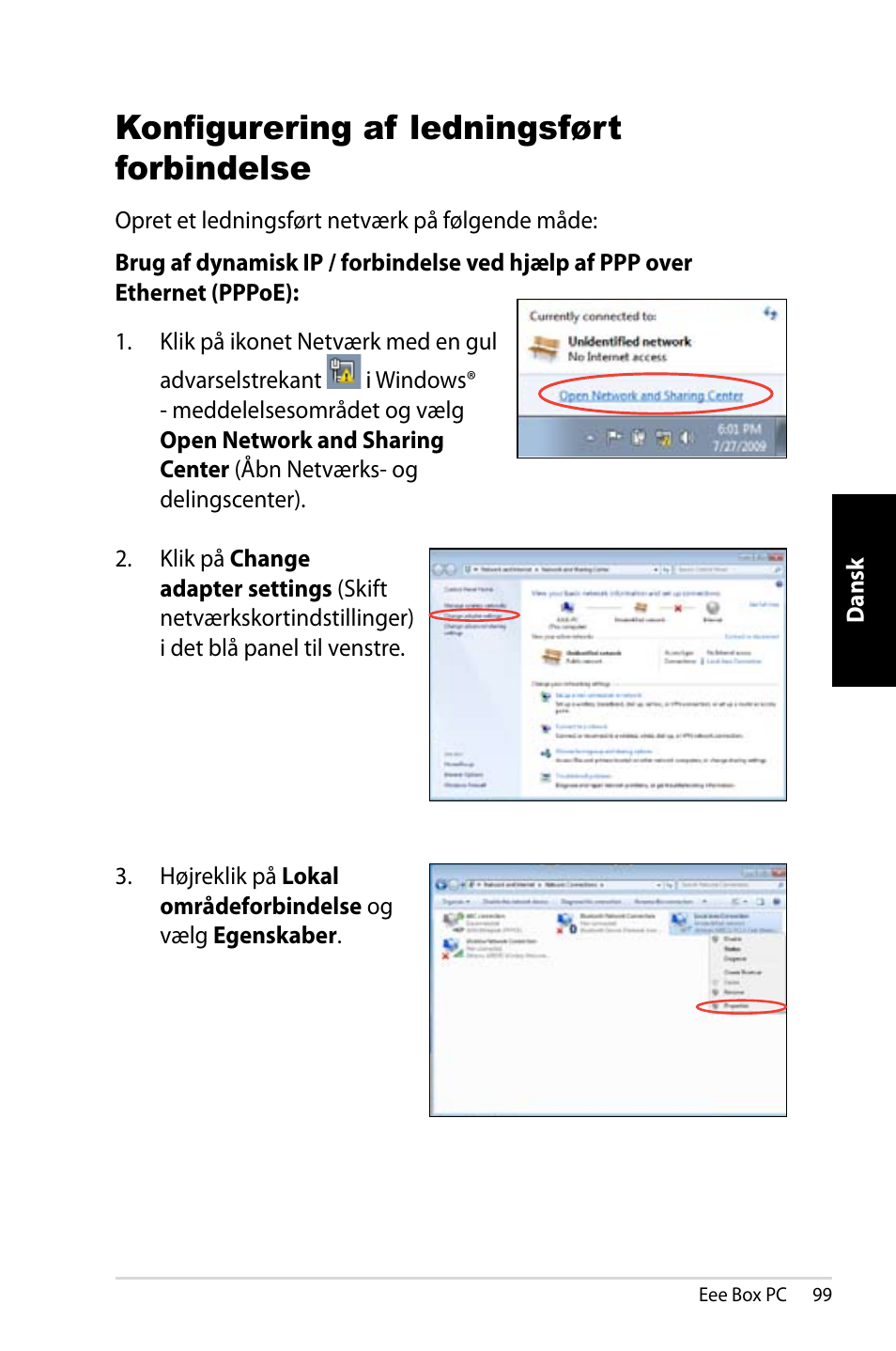 Konfigurering af ledningsført forbindelse | Asus EB1007 User Manual | Page 99 / 181