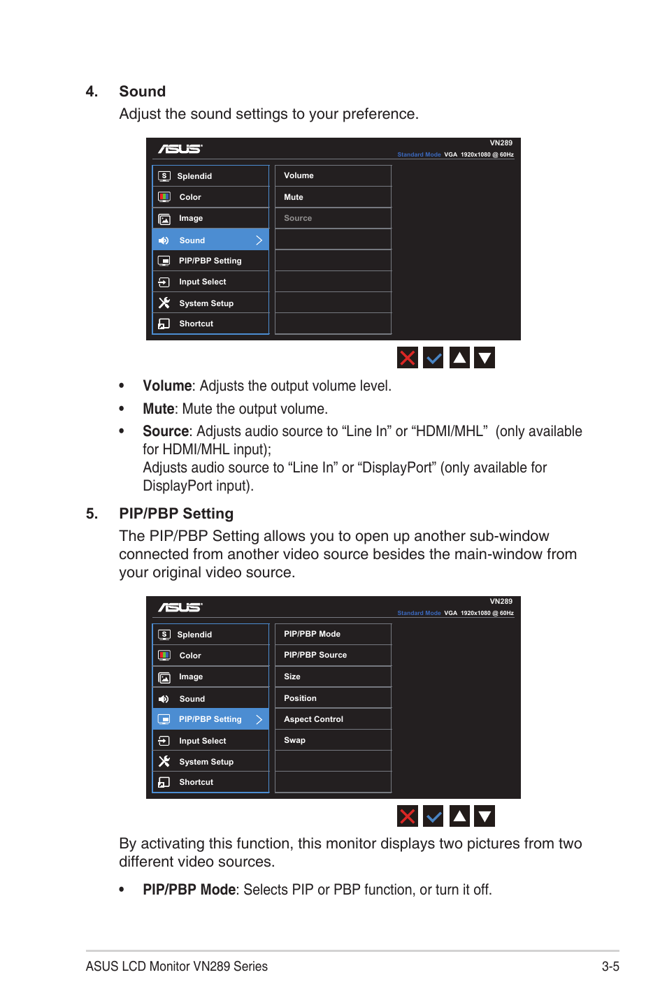 Sound adjust the sound settings to your preference, 5 asus lcd monitor vn289 series | Asus VN289Q User Manual | Page 19 / 26