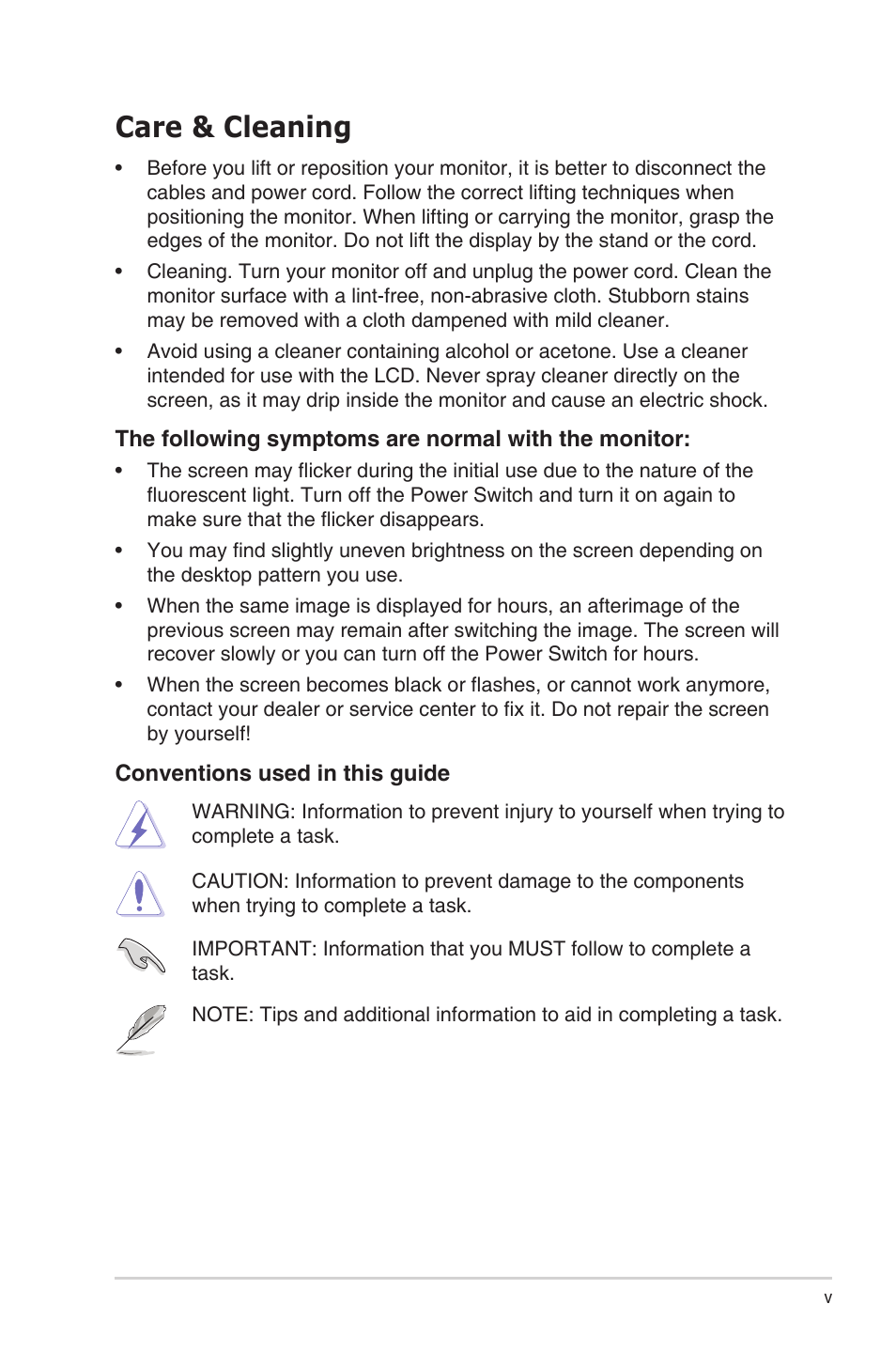 Care & cleaning | Asus VN289Q User Manual | Page 5 / 26