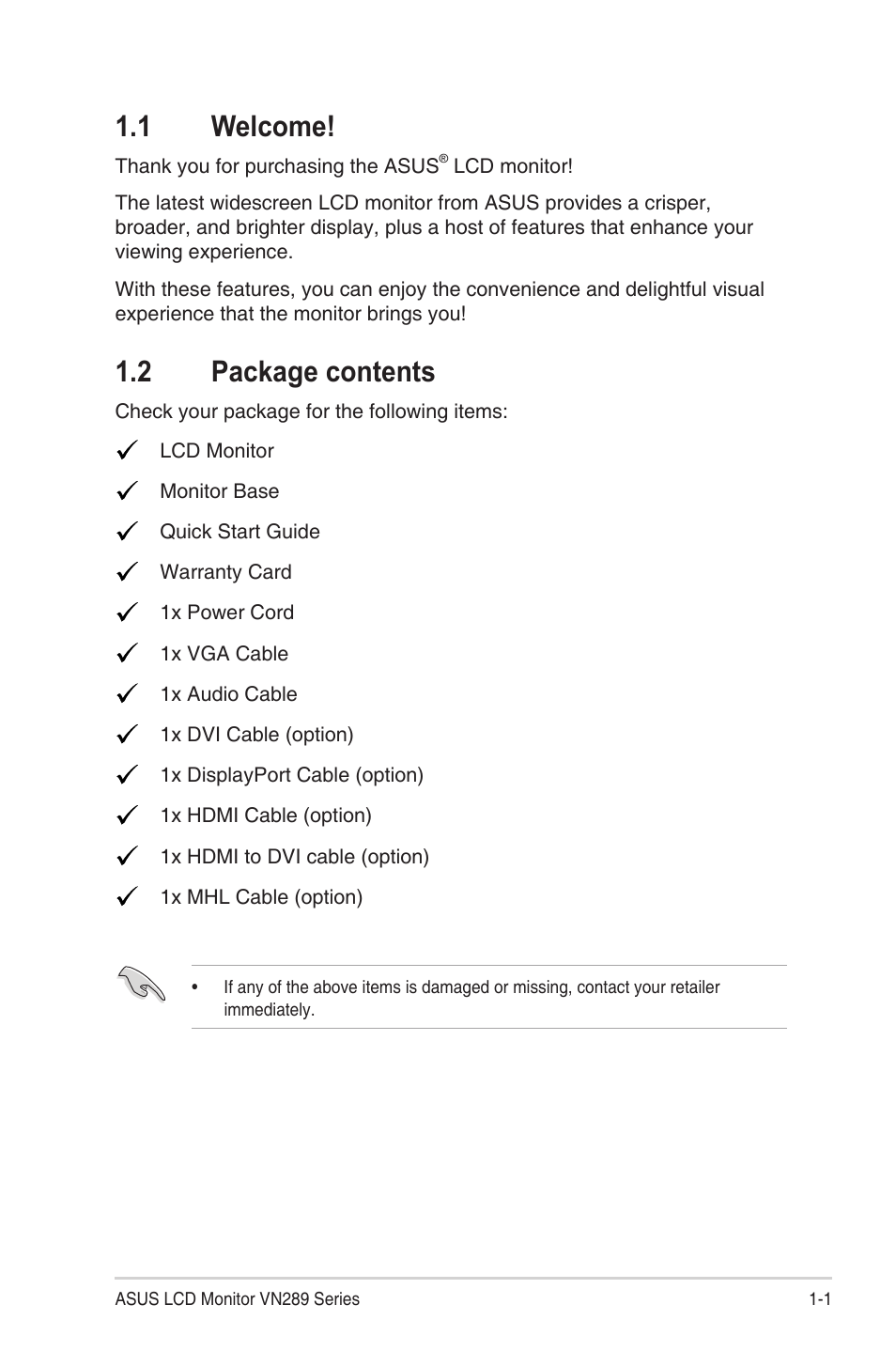 1 welcome, 2 package contents, 1 welcome! -1 1.2 | Package contents -1 | Asus VN289Q User Manual | Page 7 / 26