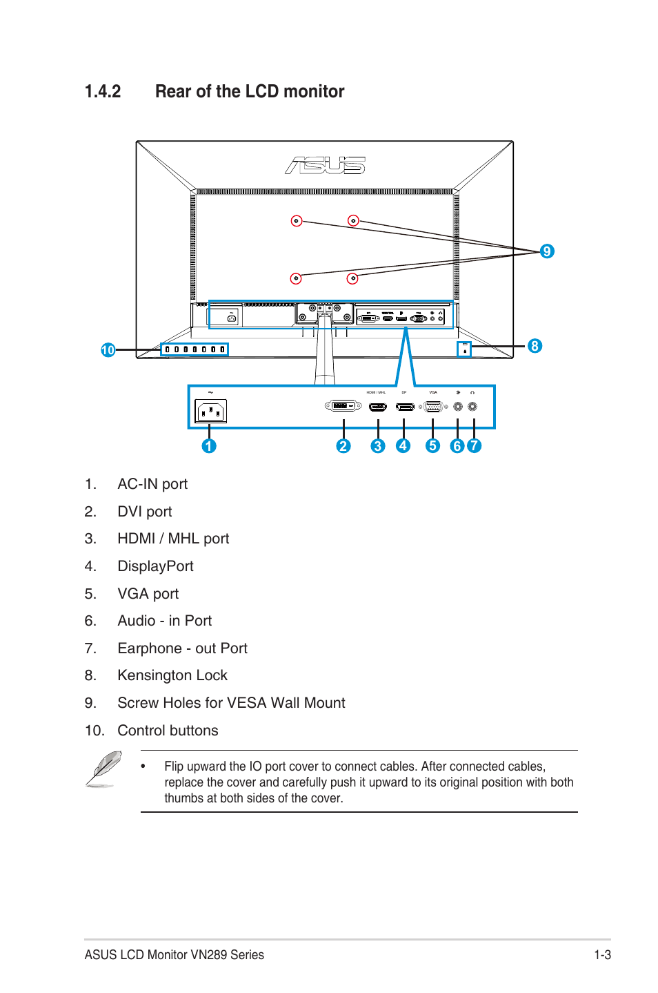 2 rear of the lcd monitor, Rear of the lcd monitor -3 | Asus VN289Q User Manual | Page 9 / 26