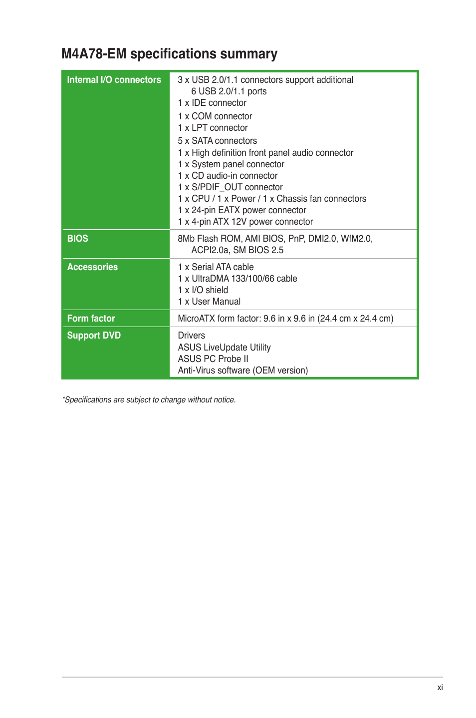 M4a78-em specifications summary | Asus M4A78-EM User Manual | Page 11 / 64