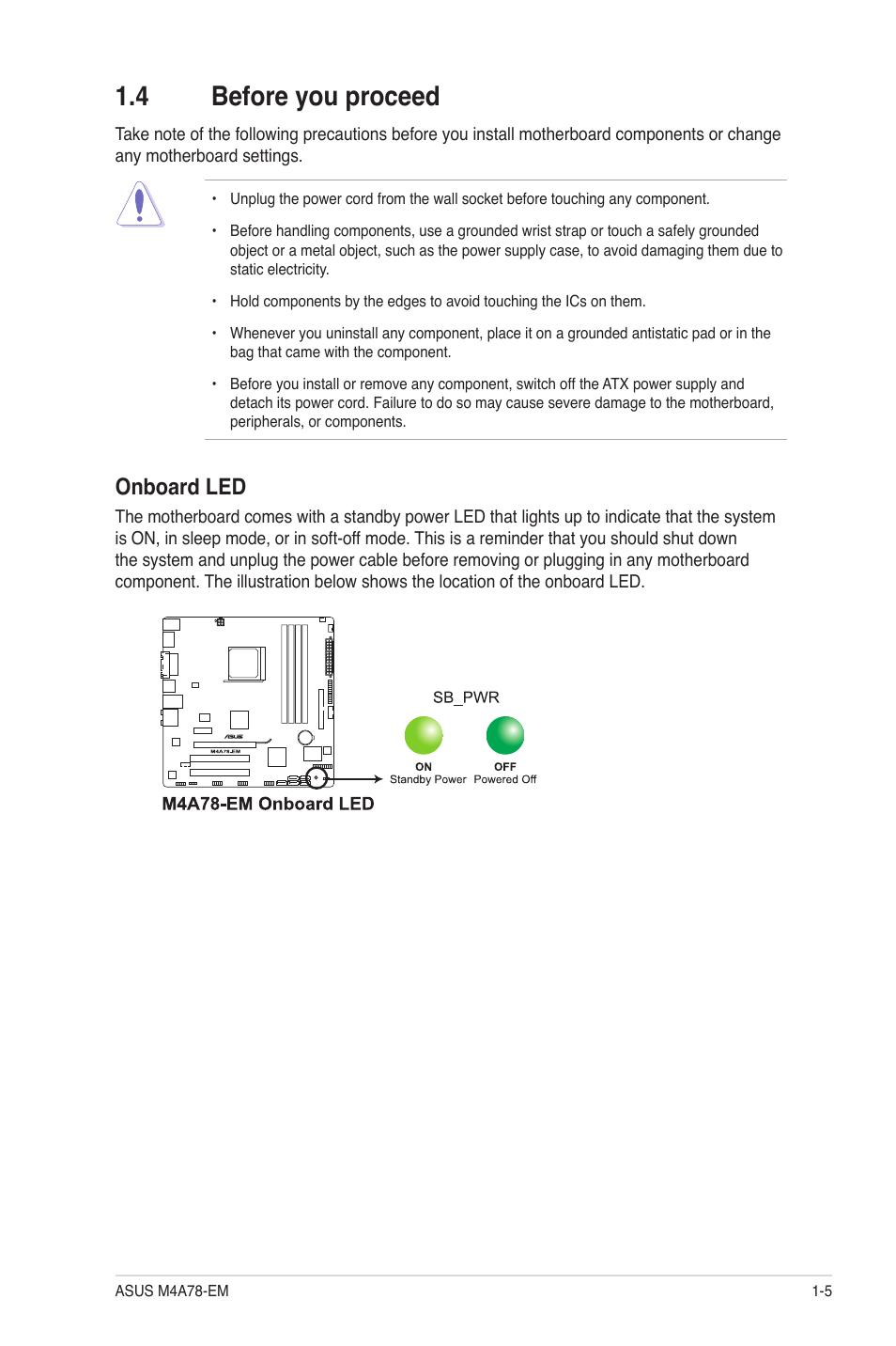 4 before you proceed, Before you proceed -5, Onboard led | Asus M4A78-EM User Manual | Page 17 / 64