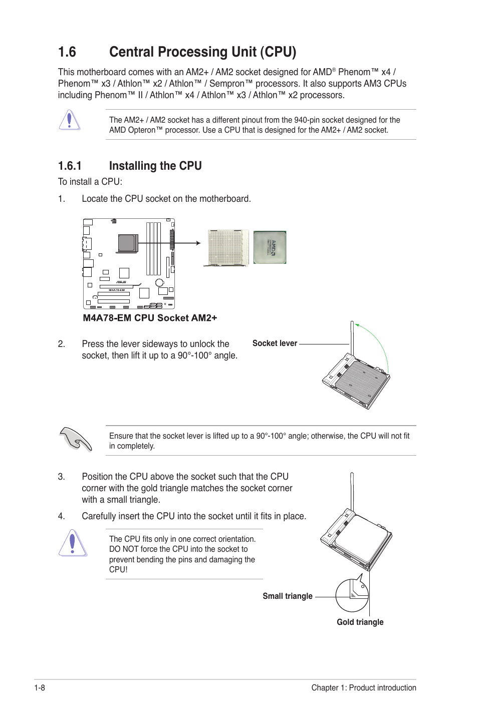 6 central processing unit (cpu), 1 installing the cpu, Central processing unit (cpu) -8 1.6.1 | Installing the cpu -8 | Asus M4A78-EM User Manual | Page 20 / 64