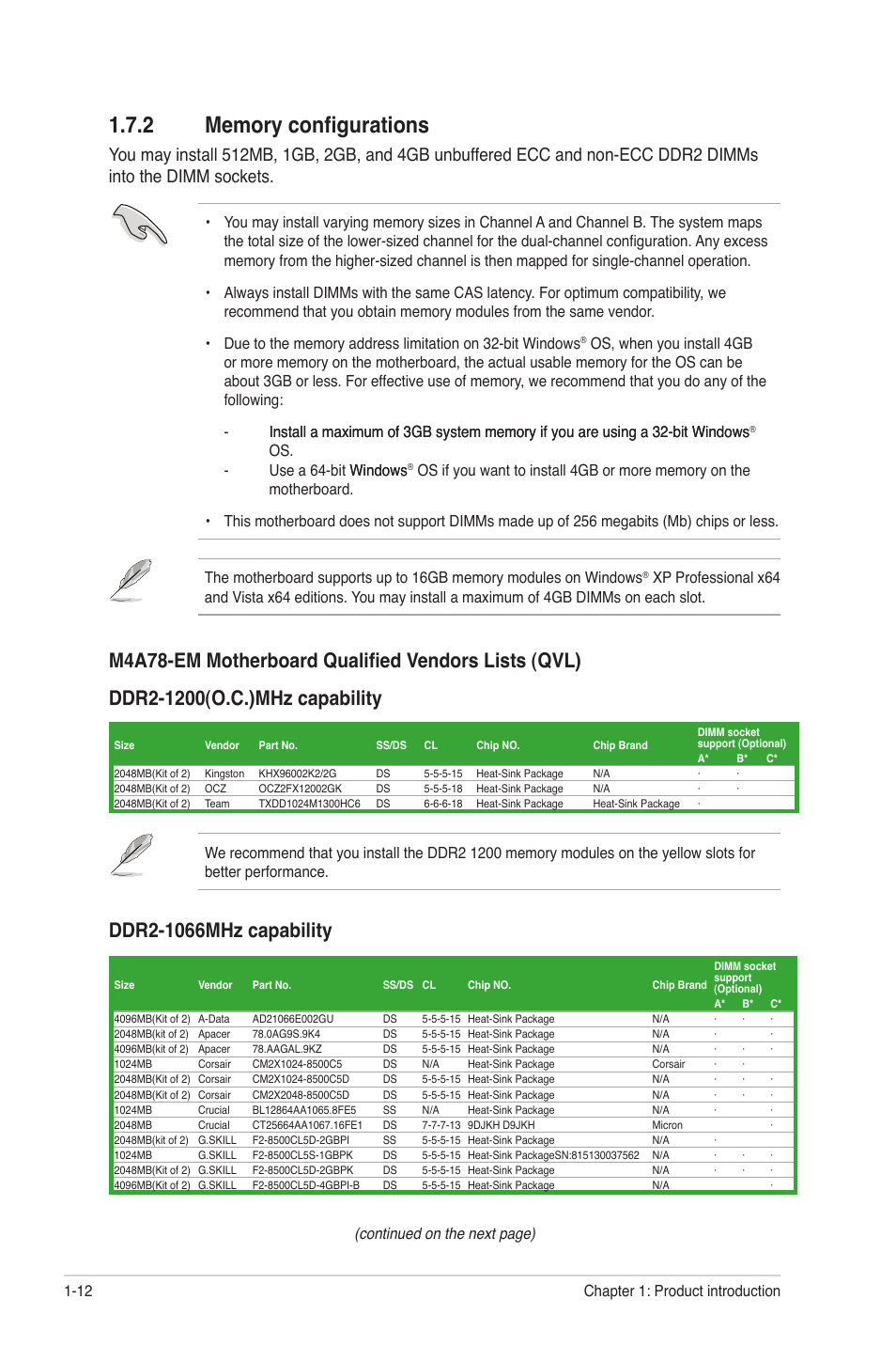 2 memory configurations, Memory configurations -12, Continued on the next page) | Asus M4A78-EM User Manual | Page 24 / 64