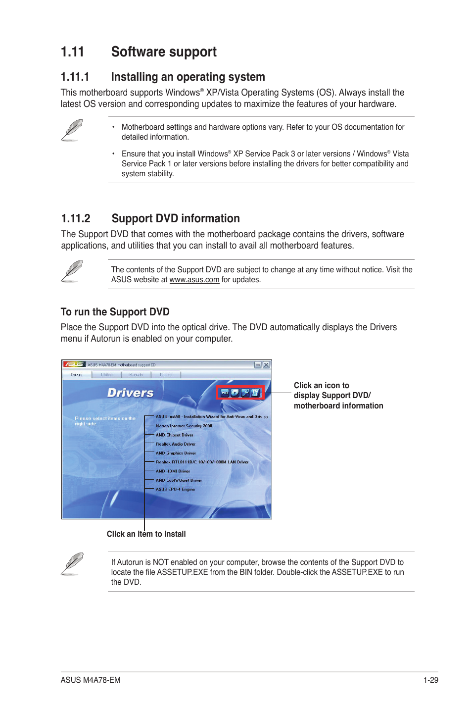 11 software support, 1 installing an operating system, 2 support dvd information | 11 software support -29 | Asus M4A78-EM User Manual | Page 41 / 64