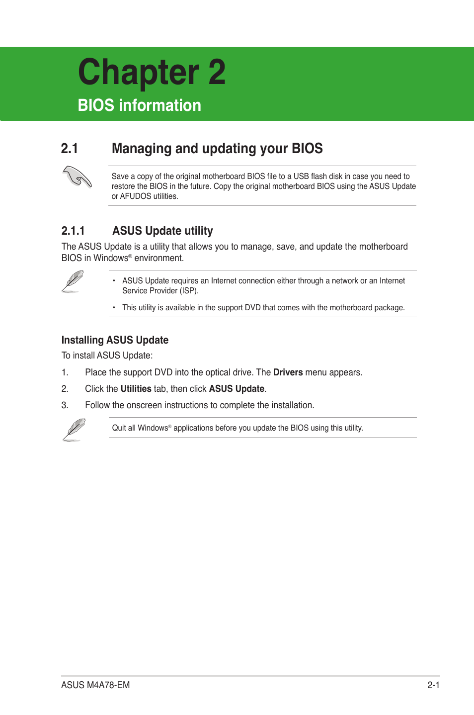 Chapter 2: bios information, 1 managing and updating your bios, 1 asus update utility | Bios information, Managing and updating your bios -1 2.1.1, Asus update utility -1, Chapter 2 | Asus M4A78-EM User Manual | Page 43 / 64