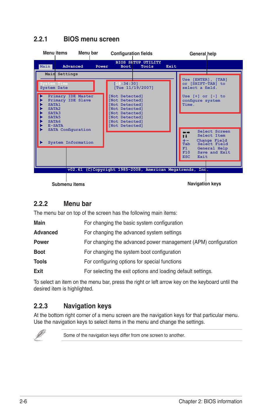 1 bios menu screen, 2 menu bar, 3 navigation keys | Bios menu screen -6, Menu bar -6, Navigation keys -6, 1 bios menu screen 2.2.2 menu bar | Asus M4A78-EM User Manual | Page 48 / 64