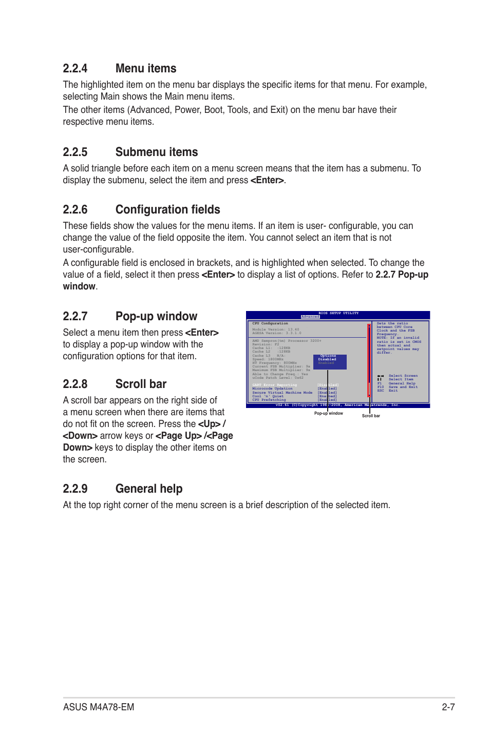 4 menu items, 5 submenu items, 6 configuration fields | 7 pop-up window, 8 scroll bar, 9 general help, Menu items -7, Submenu items -7, Configuration fields -7, Pop-up window -7 | Asus M4A78-EM User Manual | Page 49 / 64