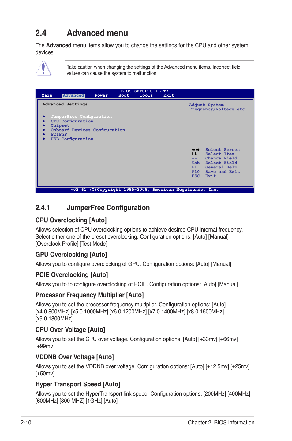 4 advanced menu, 1 jumperfree configuration, Advanced menu -10 2.4.1 | Jumperfree configuration -10 | Asus M4A78-EM User Manual | Page 52 / 64