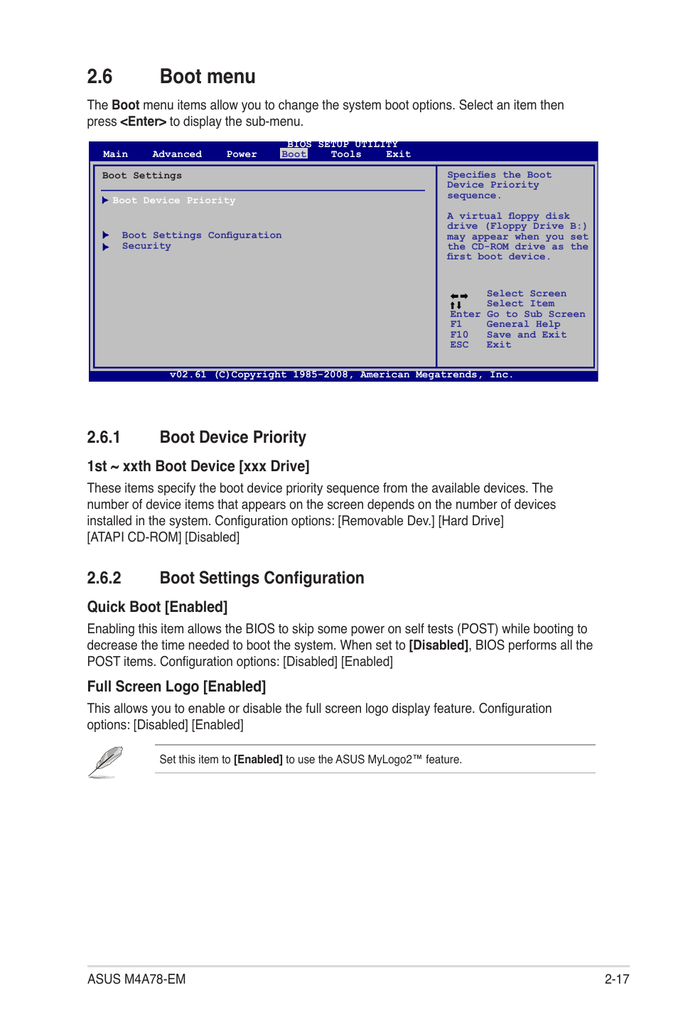 6 boot menu, 1 boot device priority, 2 boot settings configuration | Boot menu -17 2.6.1, Boot device priority -17, Boot settings configuration -17, 1st ~ xxth boot device [xxx drive, Quick boot [enabled, Full screen logo [enabled | Asus M4A78-EM User Manual | Page 59 / 64