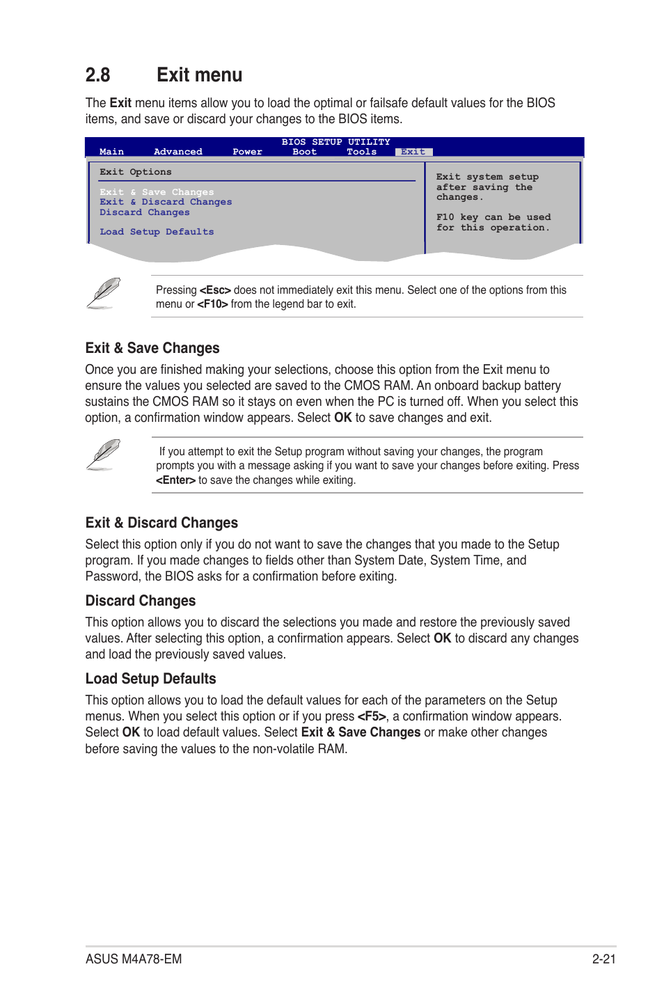 8 exit menu, Exit menu -21, Exit & discard changes | Discard changes, Load setup defaults, Exit & save changes | Asus M4A78-EM User Manual | Page 63 / 64