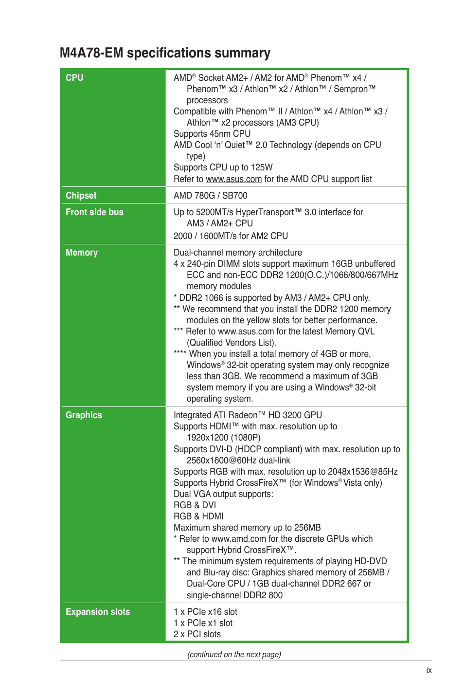 M4a78-em specifications summary | Asus M4A78-EM User Manual | Page 9 / 64