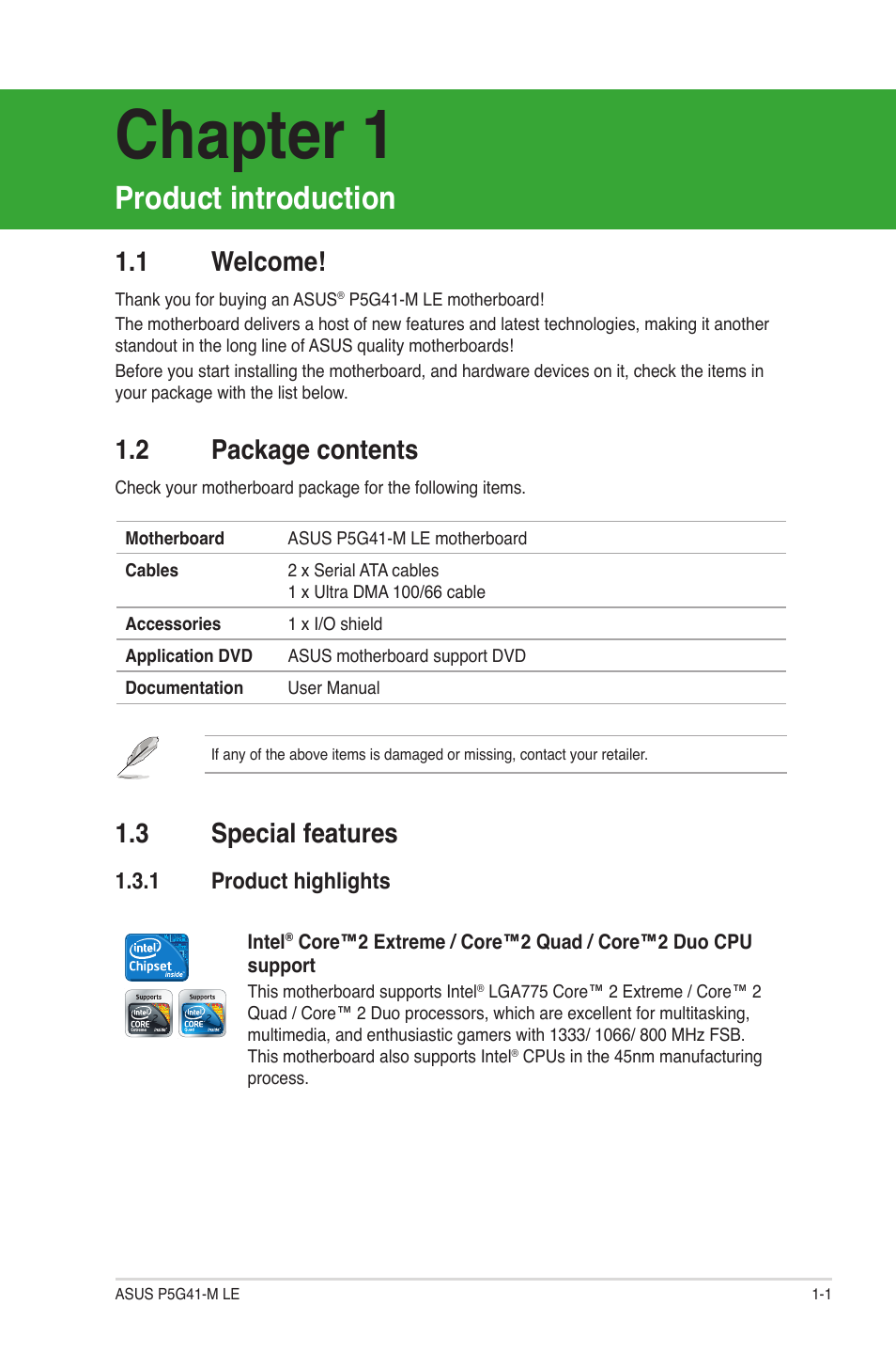 Chapter 1, Product introduction, 3 special features | 1 welcome, 2 package contents | Asus P5G41-M LE User Manual | Page 11 / 62