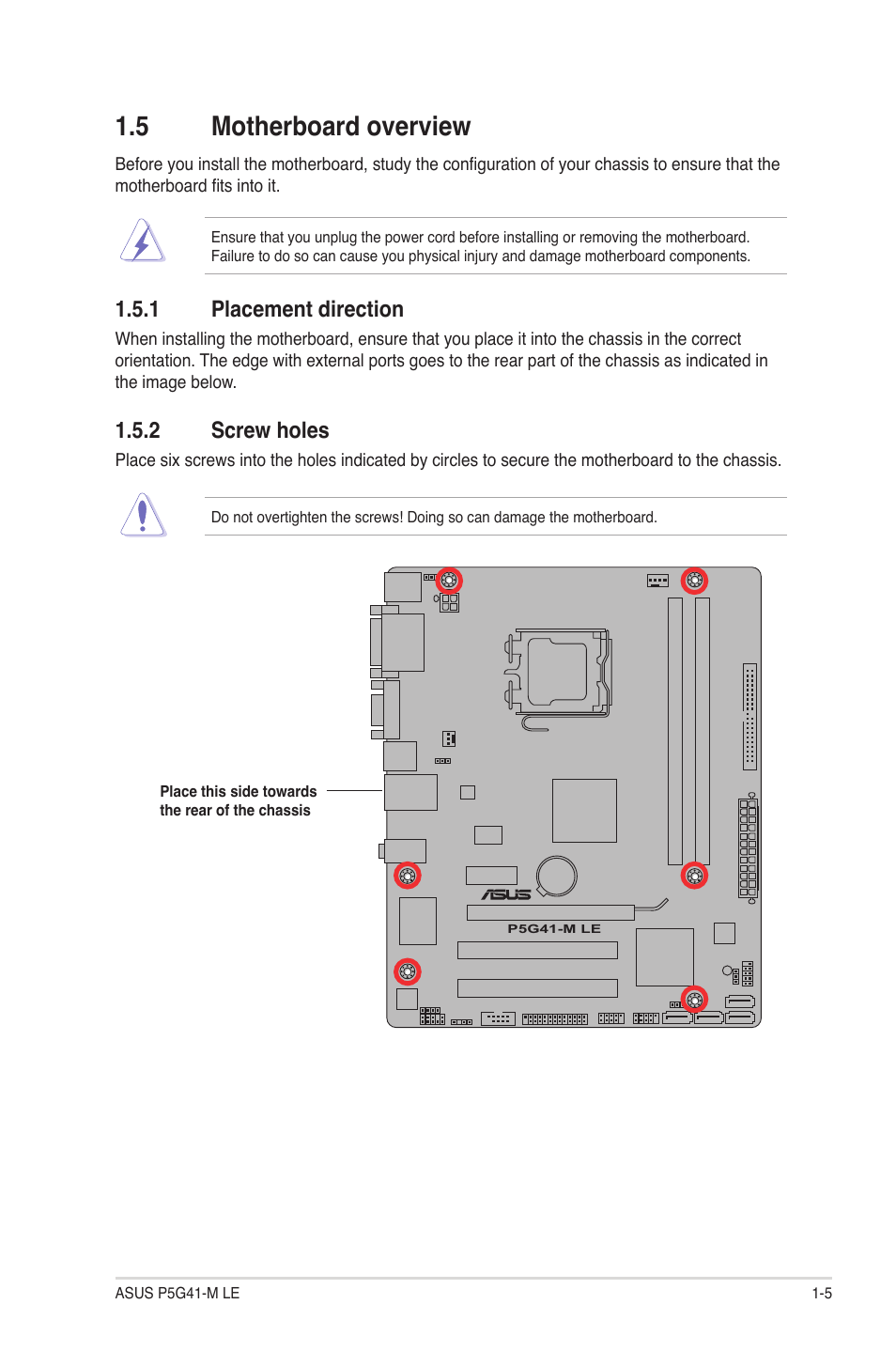 5 motherboard overview, 1 placement direction, 2 screw holes | Asus P5G41-M LE User Manual | Page 15 / 62