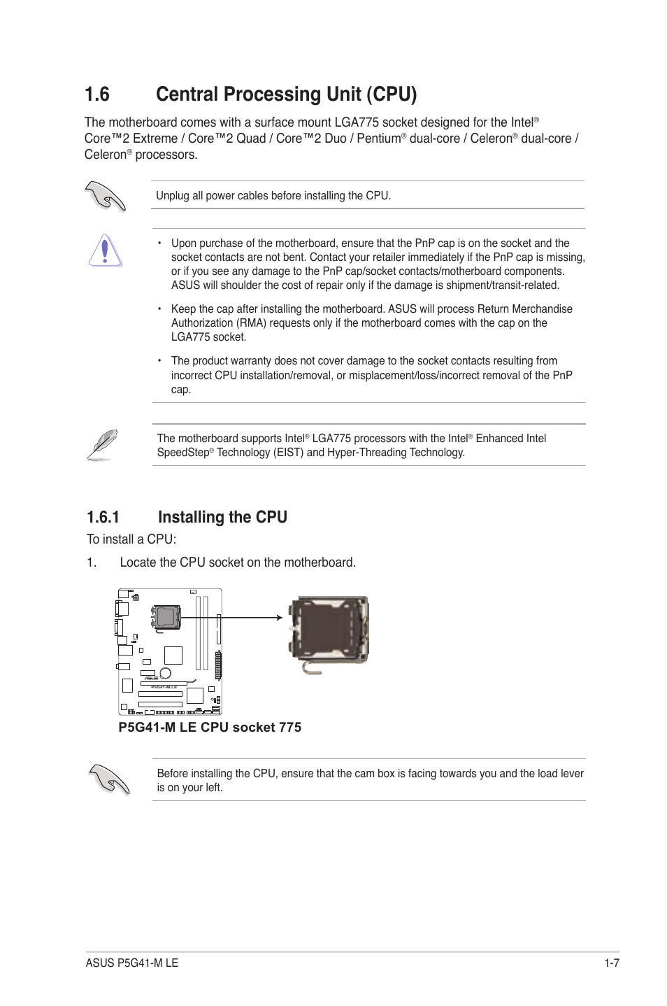 6 central processing unit (cpu), 1 installing the cpu | Asus P5G41-M LE User Manual | Page 17 / 62