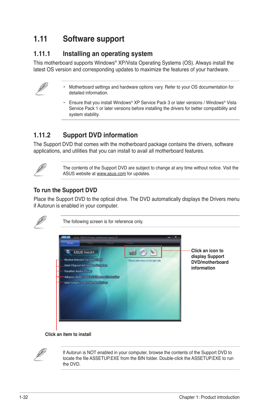 11 software support, 1 installing an operating system, 2 support dvd information | Asus P5G41-M LE User Manual | Page 42 / 62