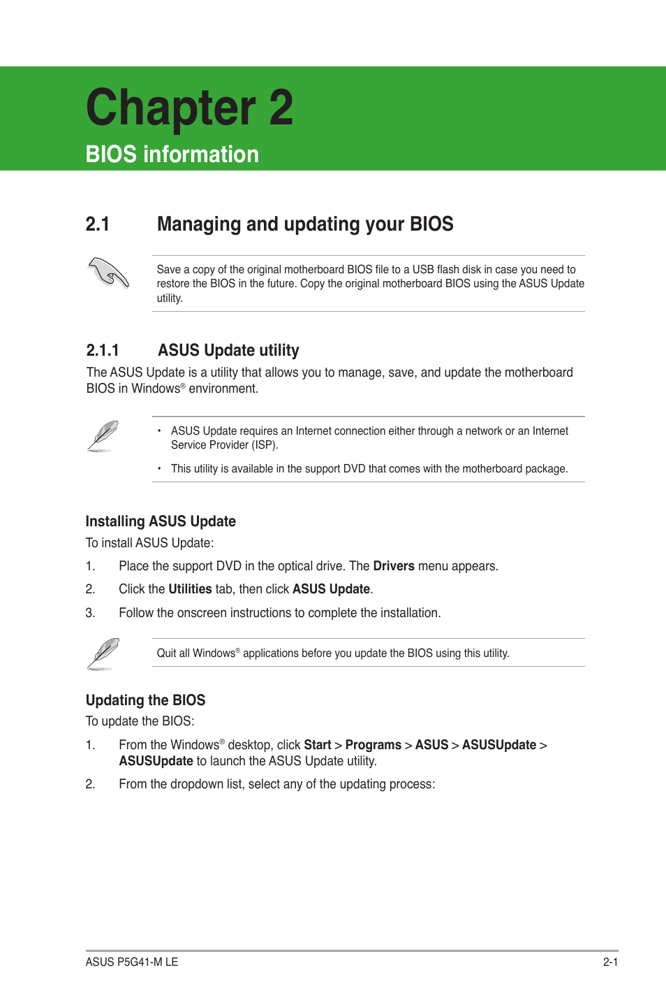 Chapter 2, Bios information, 1 managing and updating your bios | 1 asus update utility | Asus P5G41-M LE User Manual | Page 43 / 62