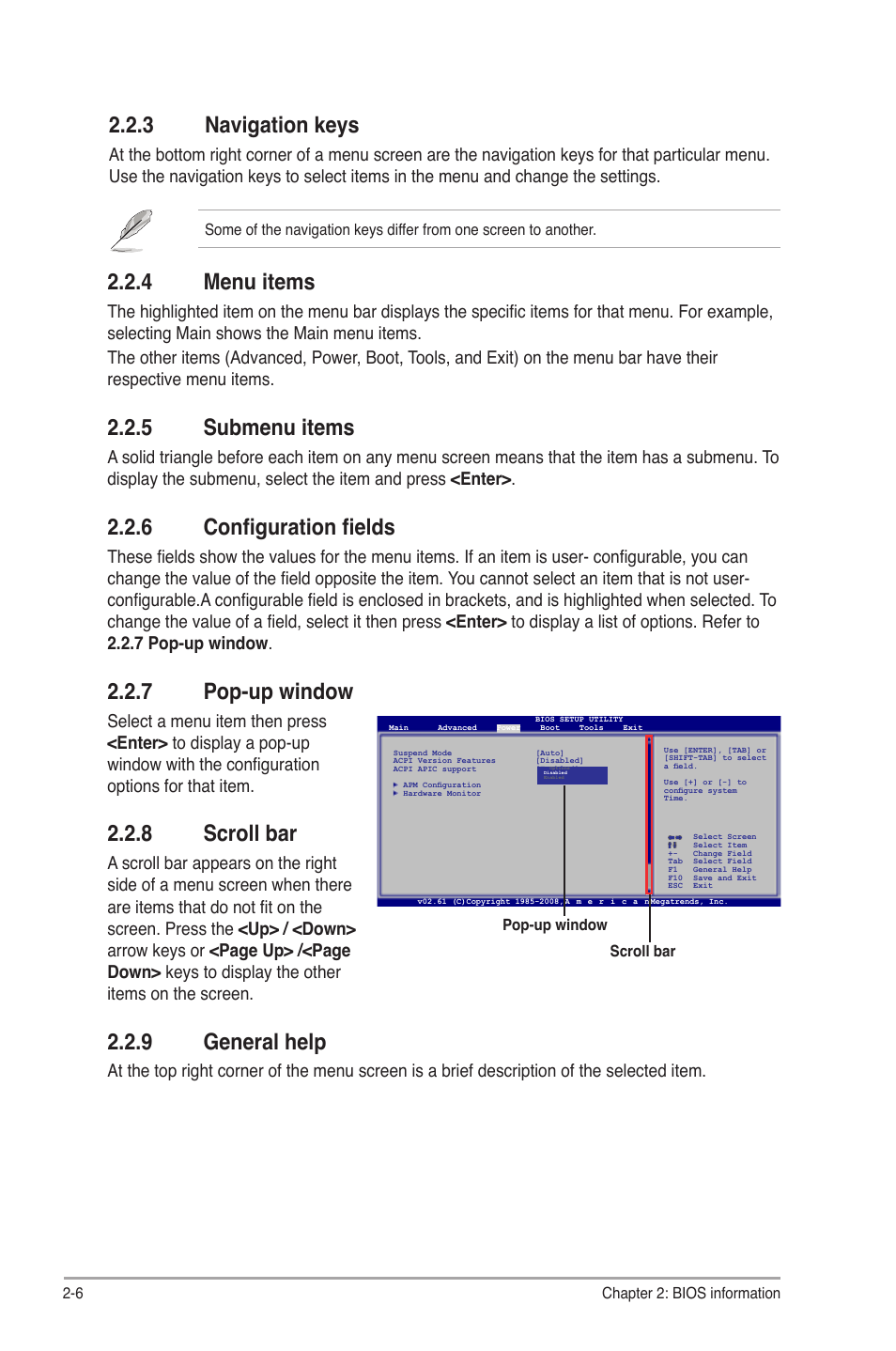 3 navigation keys, 4 menu items, 5 submenu items | 6 configuration fields, 7 pop-up window, 8 scroll bar, 9 general help | Asus P5G41-M LE User Manual | Page 48 / 62