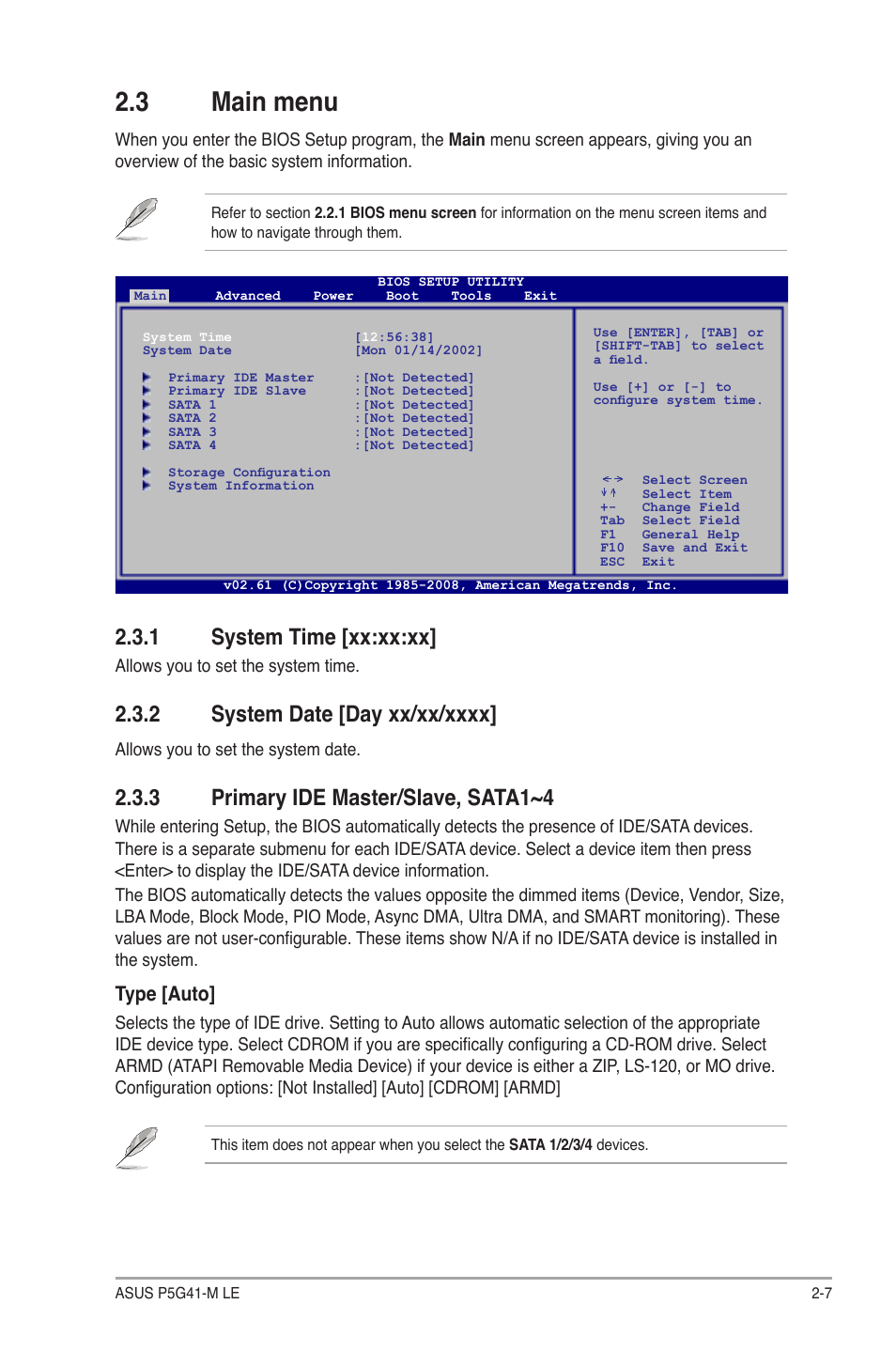 3 main menu, 1 system time [xx:xx:xx, 3 primary ide master/slave, sata1~4 | Type [auto | Asus P5G41-M LE User Manual | Page 49 / 62