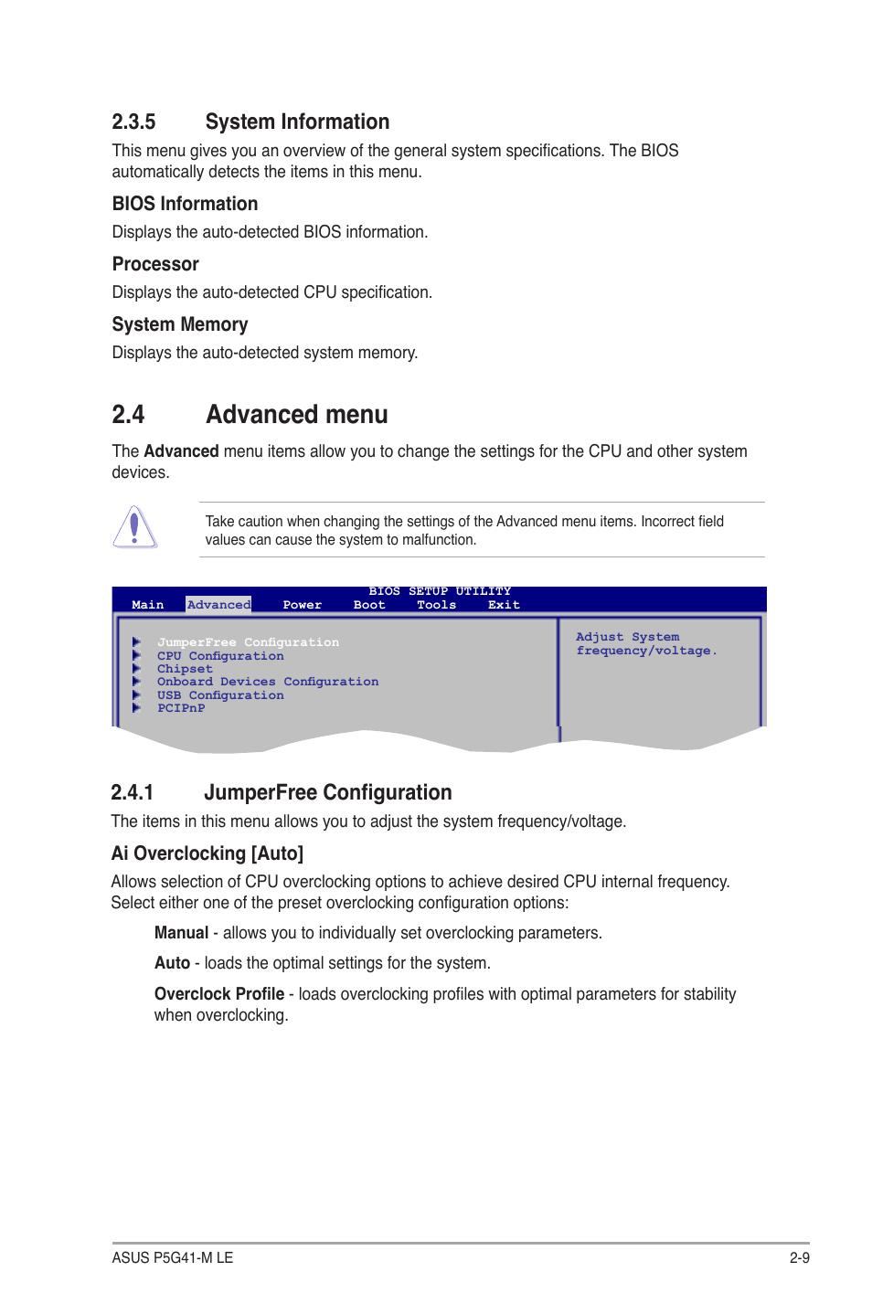 4 advanced menu, 5 system information, 1 jumperfree configuration | Asus P5G41-M LE User Manual | Page 51 / 62