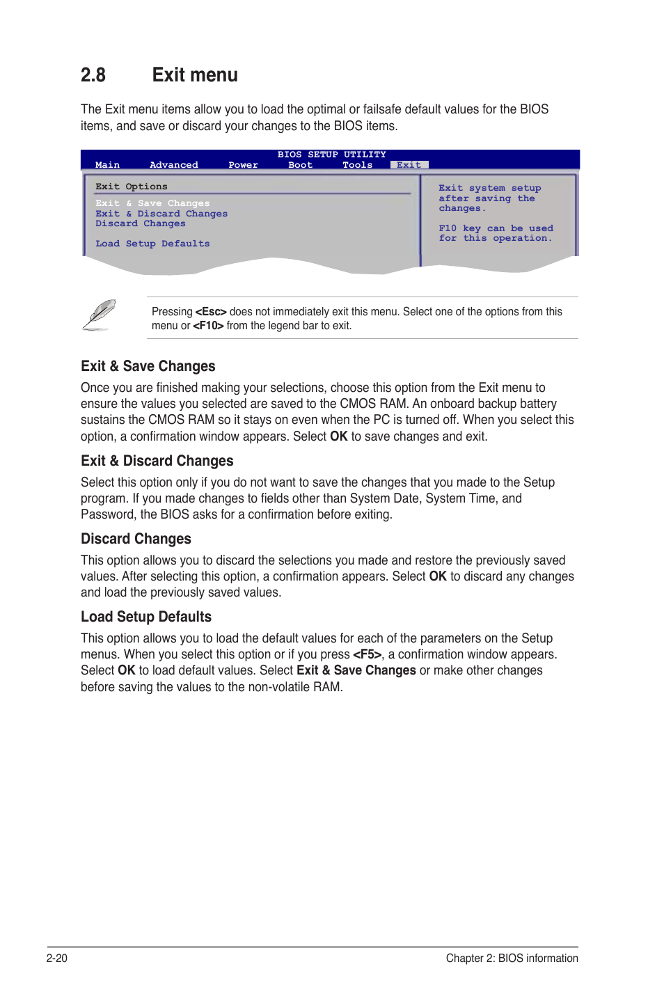 8 exit menu, Exit & save changes, Exit & discard changes | Discard changes, Load setup defaults | Asus P5G41-M LE User Manual | Page 62 / 62