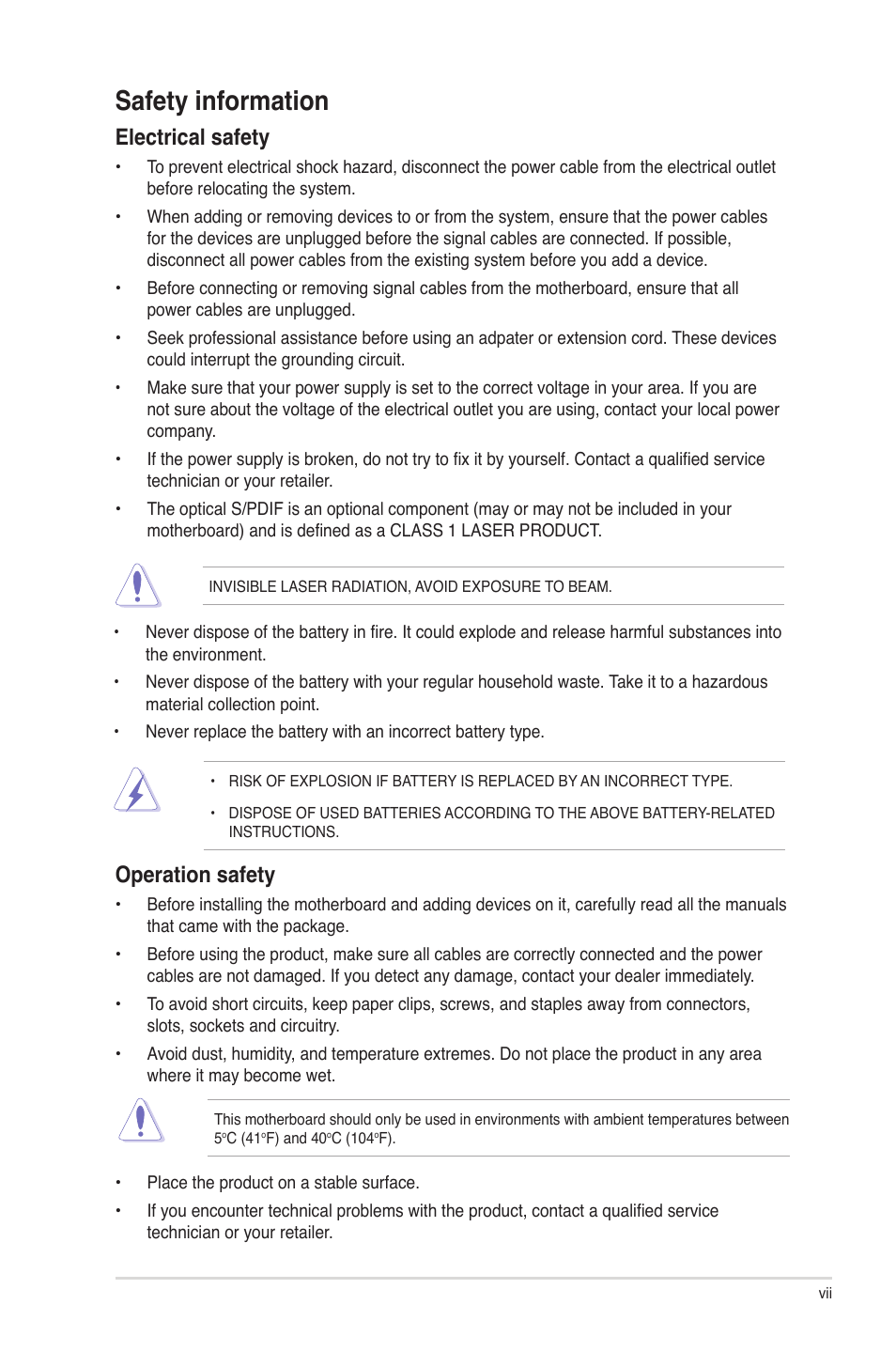 Safety information, Electrical safety, Operation safety | Asus P5G41-M LE User Manual | Page 7 / 62