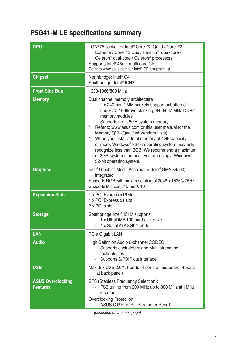 P5g41-m le specifications summary | Asus P5G41-M LE User Manual | Page 9 / 62