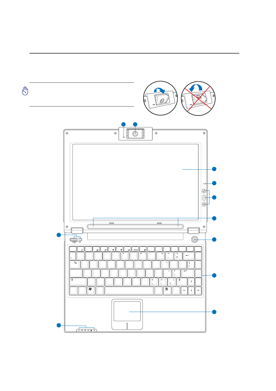 Top side, Knowing the parts, Rotate downwards do not rotate upwards | Asus W5F User Manual | Page 12 / 70