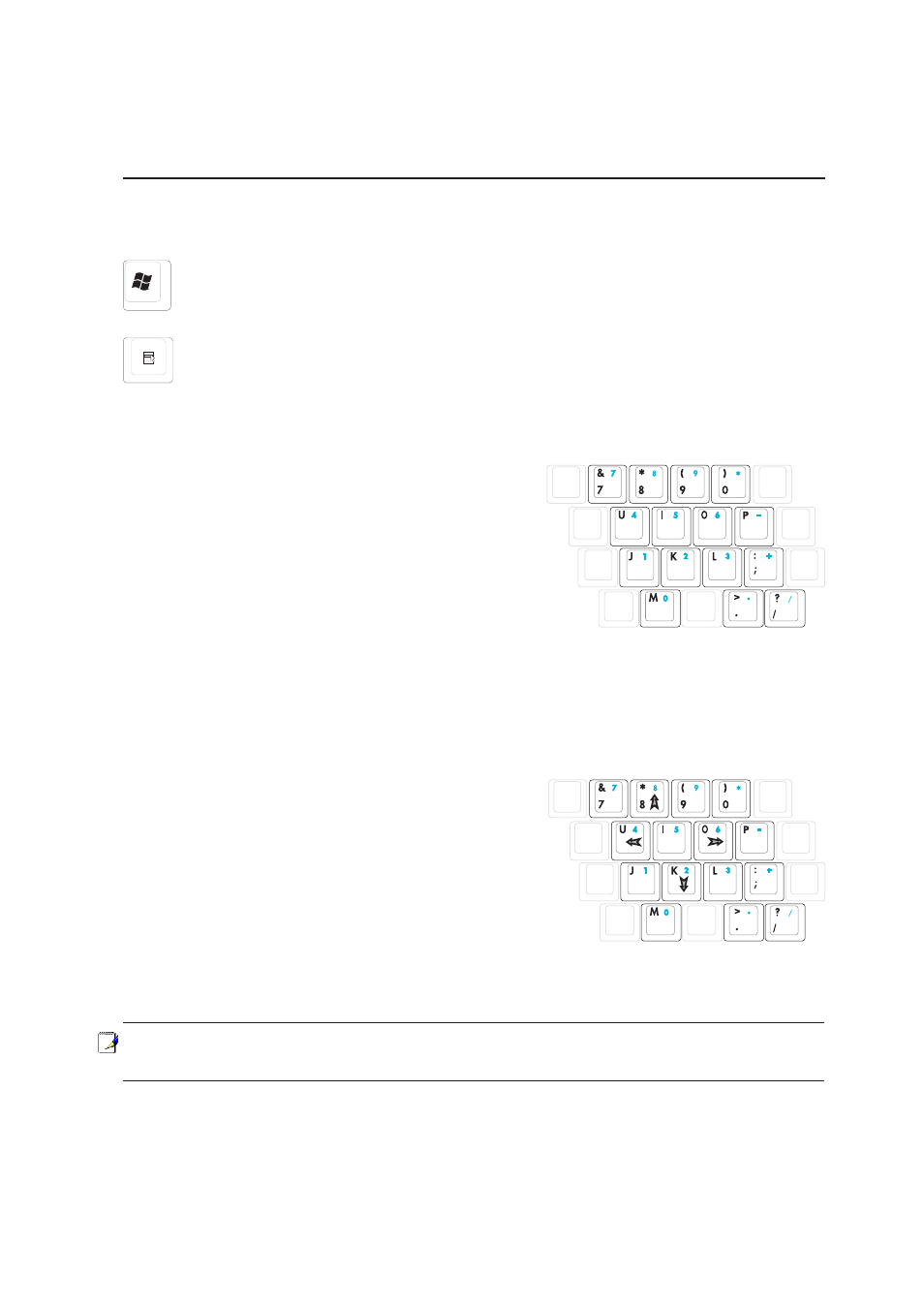 Microsoft windows keys, Keyboard as a numeric keypad, Keyboard as cursors | 27 getting started | Asus W5F User Manual | Page 27 / 70