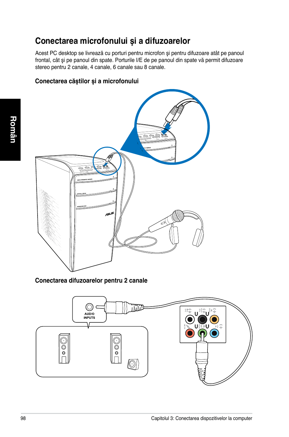 Conectarea microfonului şi a difuzoarelor, Română român română român | Asus CM1831 User Manual | Page 100 / 212