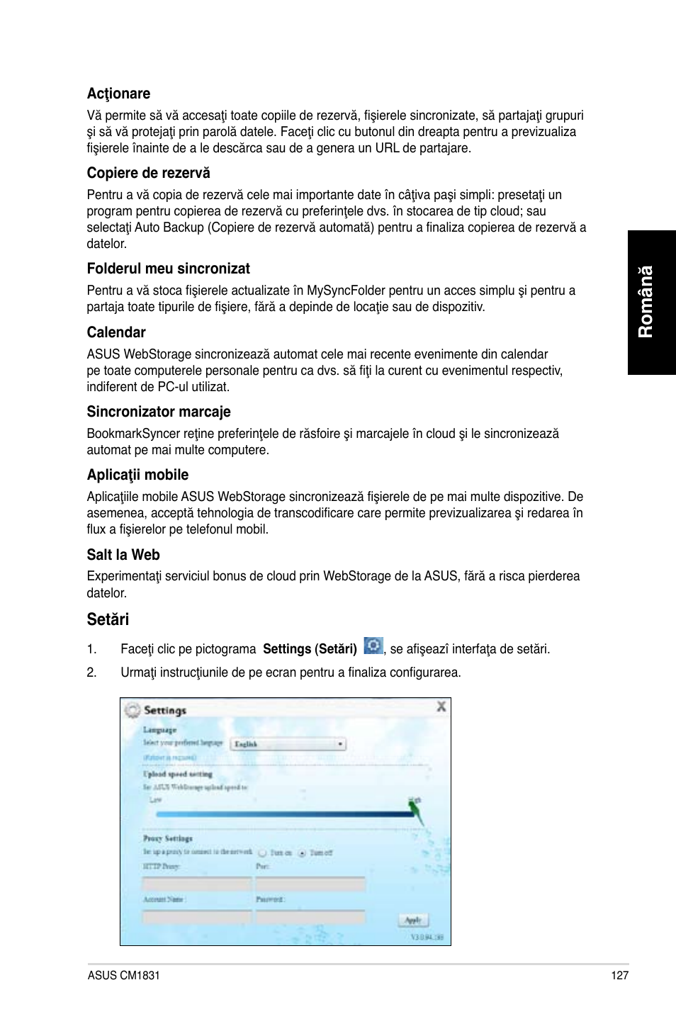 Română român, Setări | Asus CM1831 User Manual | Page 129 / 212