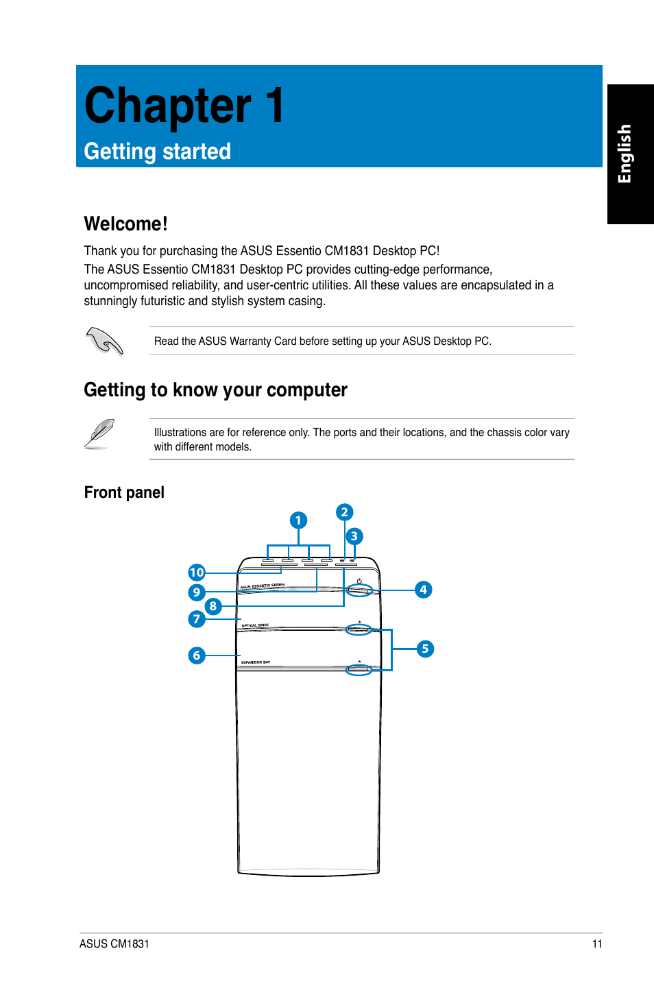 Chapter 1: getting started, Welcome, Getting to know your computer | Getting.started, Welcome! getting to know your computer, Chapter.1, English | Asus CM1831 User Manual | Page 13 / 212