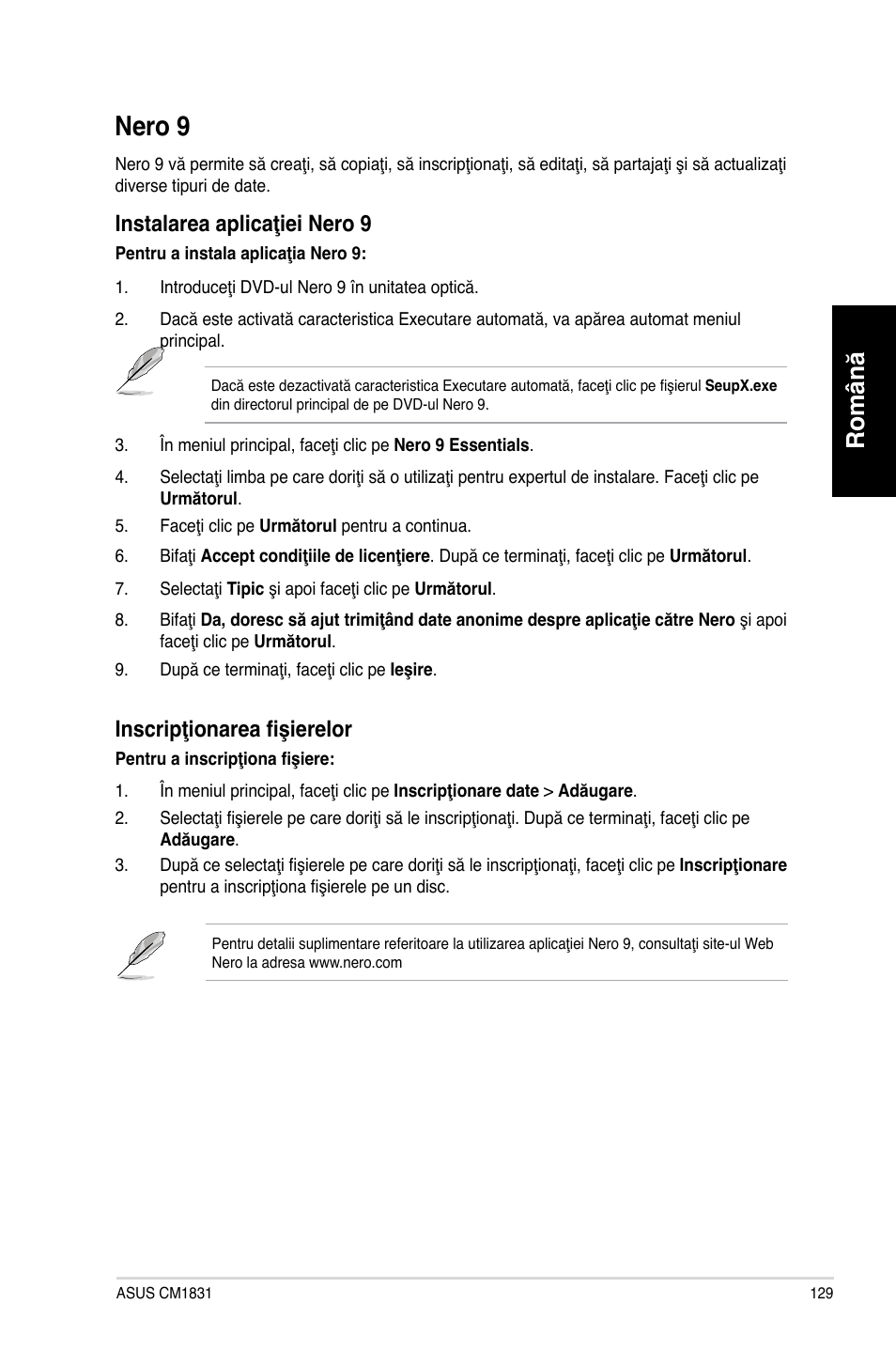 Nero 9, Nero 9 9, Nero.9 | Română român, Instalarea aplicaţiei nero 9, Inscripţionarea fişierelor | Asus CM1831 User Manual | Page 131 / 212