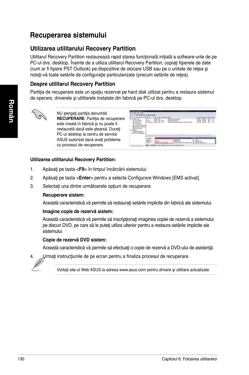 Recuperarea sistemului, Recuperarea sistemului 0, Recuperarea.sistemului | Română român română român, Utilizarea.utilitarului.recovery.partition | Asus CM1831 User Manual | Page 132 / 212