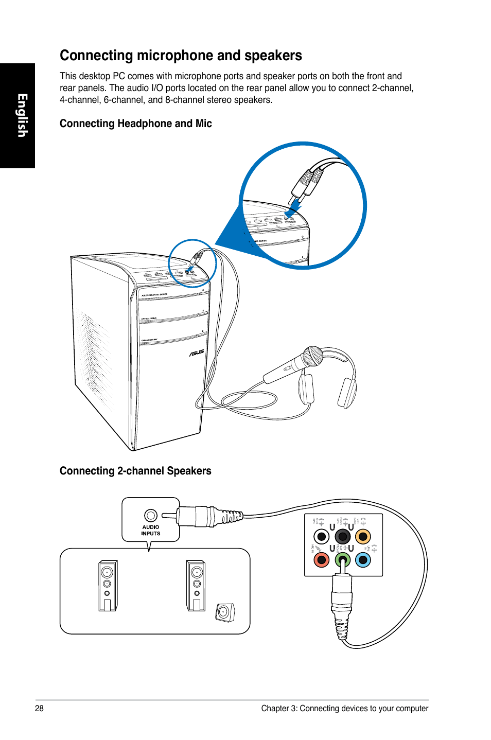 Connecting microphone and speakers, Connecting.microphone.and.speakers, English | Asus CM1831 User Manual | Page 30 / 212