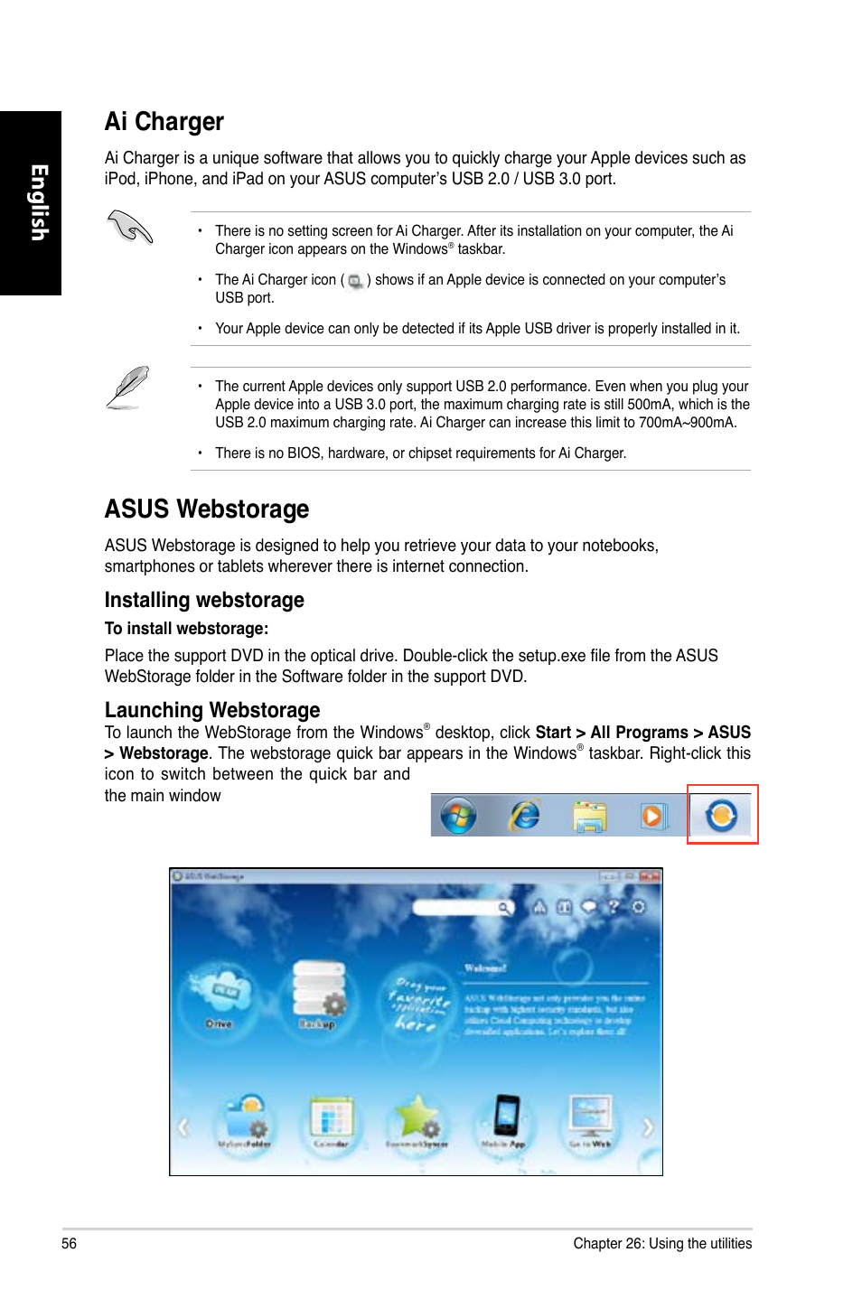 Ai charger, Asus webstorage, Ai charger asus webstorage | Asus.webstorage, Ai.charger, English, Installing.webstorage, Launching.webstorage | Asus CM1831 User Manual | Page 58 / 212