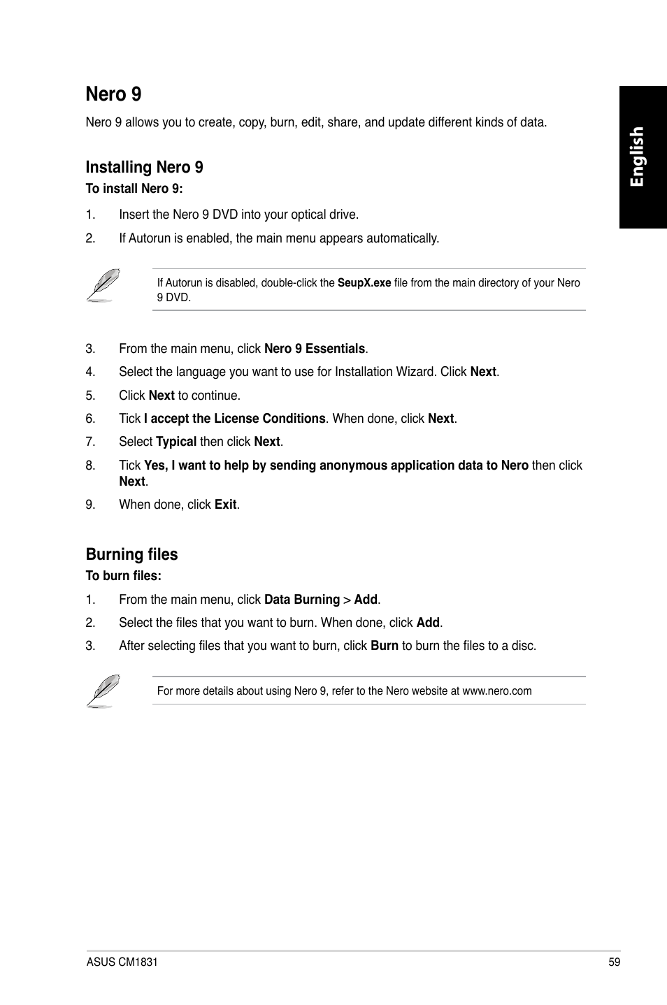 Nero 9, Nero.9, English | Installing.nero.9, Burning files | Asus CM1831 User Manual | Page 61 / 212