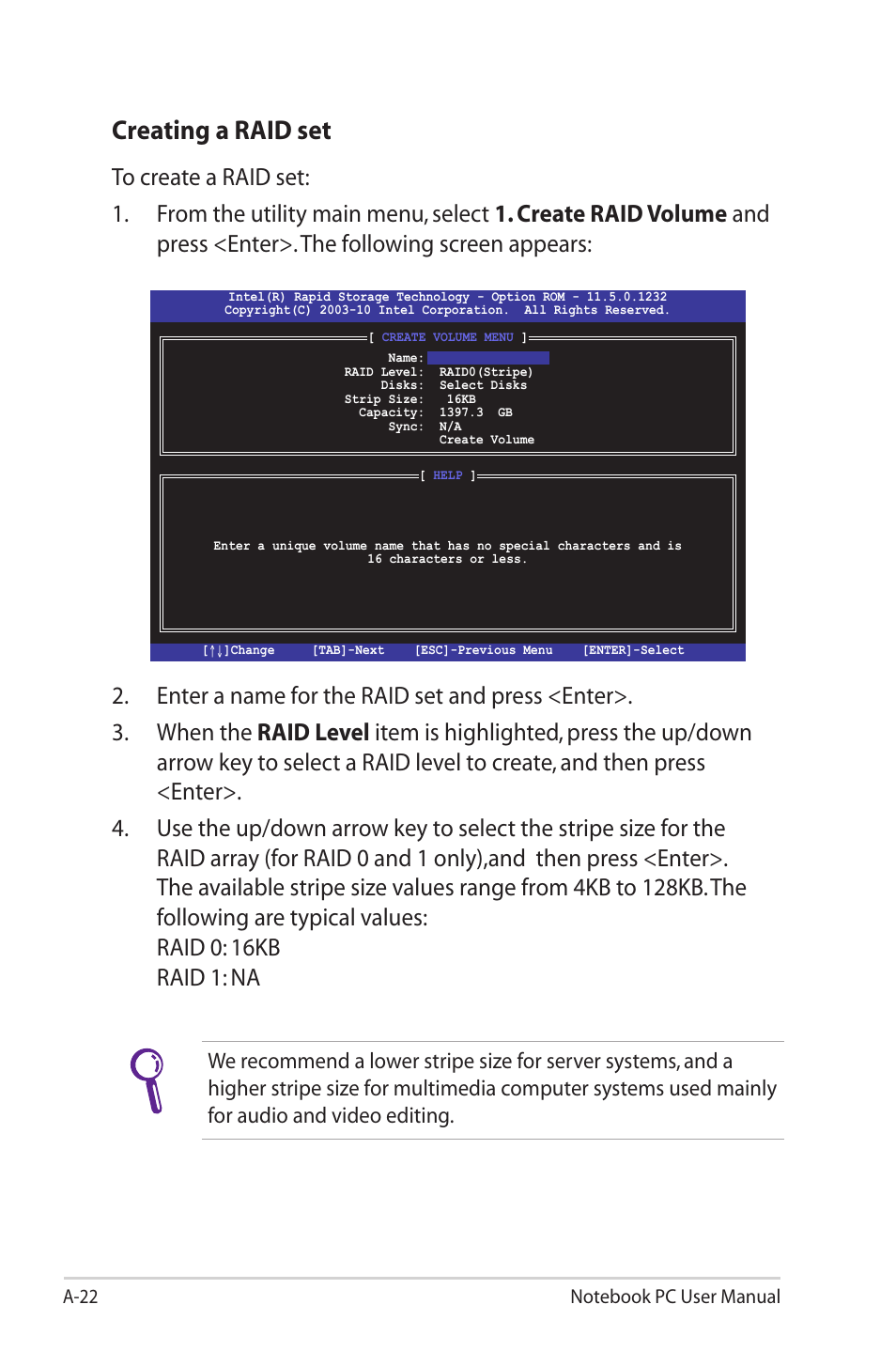 Creating a raid set | Asus G55VW User Manual | Page 100 / 134