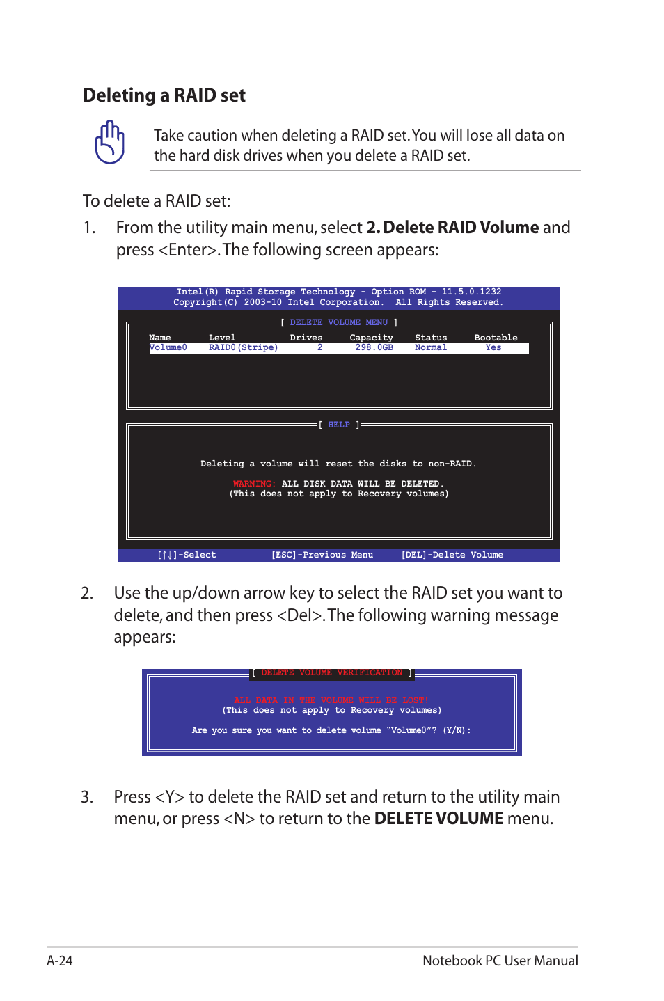 Deleting a raid set | Asus G55VW User Manual | Page 102 / 134