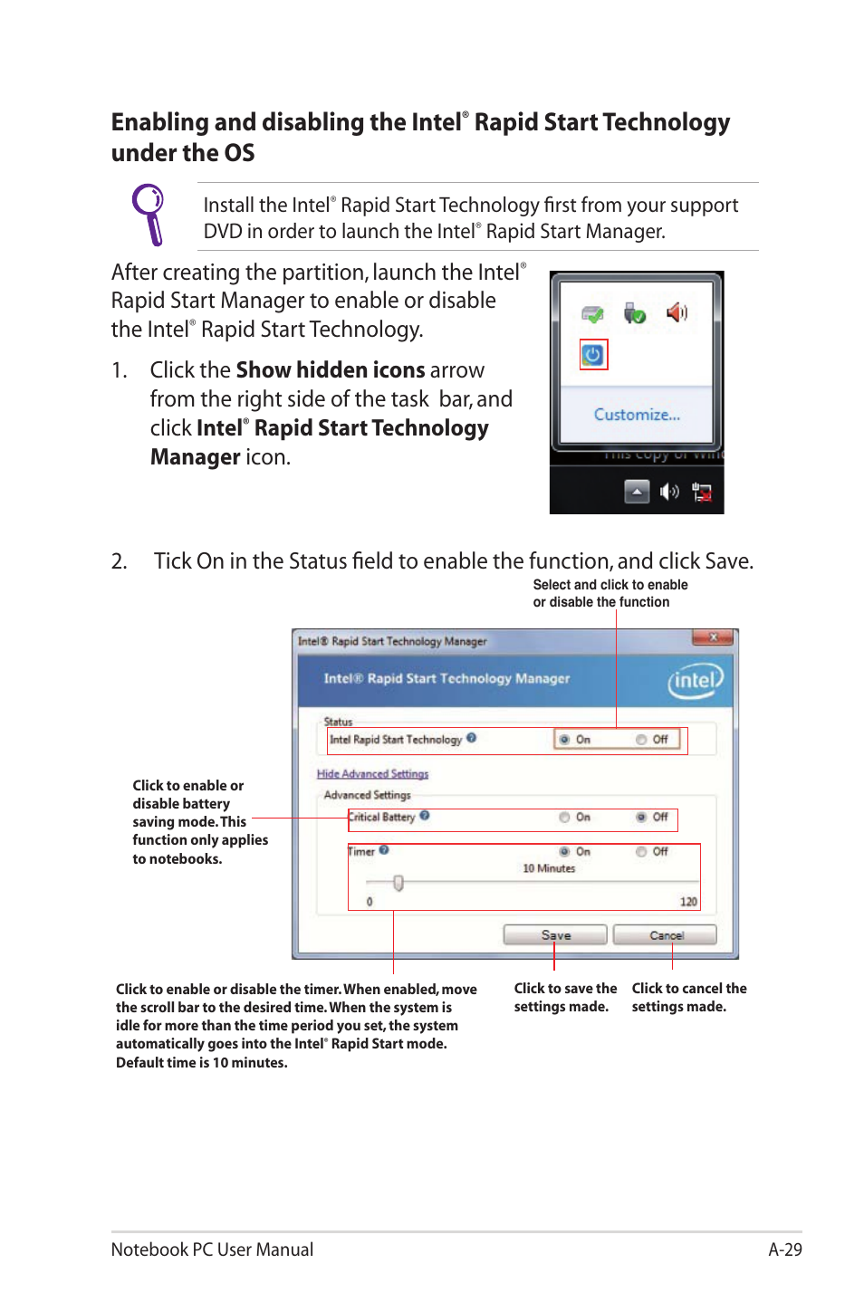 Enabling and disabling the intel, Rapid start technology under the os, After creating the partition, launch the intel | Rapid start manager to enable or disable the intel, Rapid start technology manager icon | Asus G55VW User Manual | Page 107 / 134