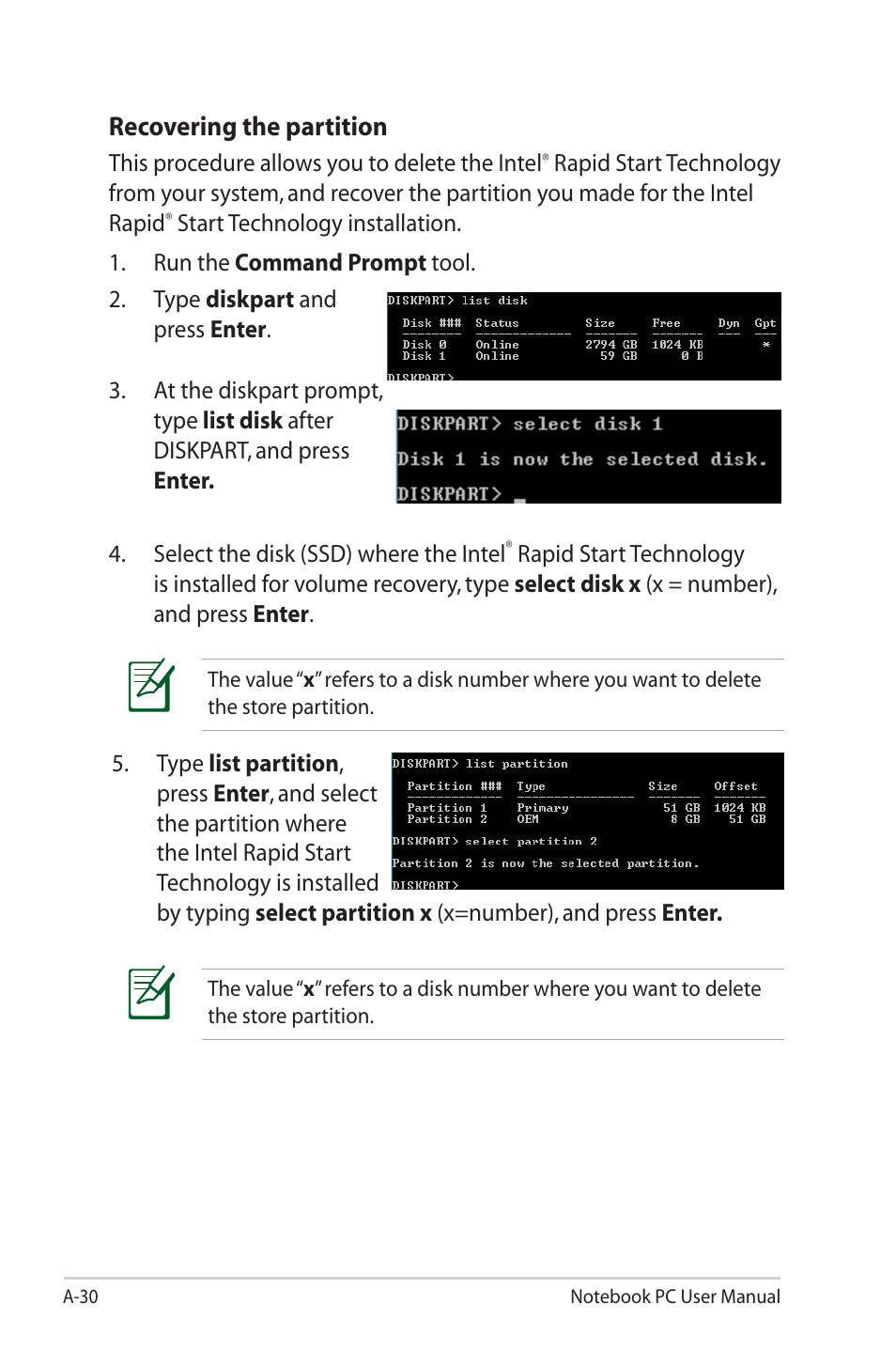 Recovering the partition | Asus G55VW User Manual | Page 108 / 134