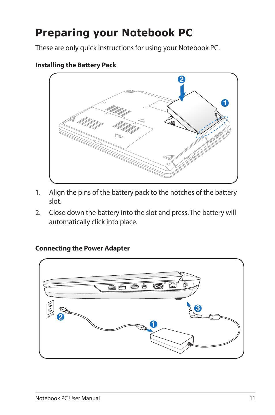 Preparing your notebook pc | Asus G55VW User Manual | Page 11 / 134