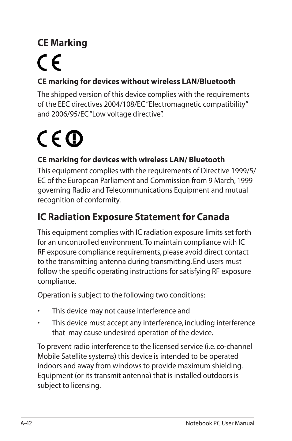 Ce marking, Ic radiation exposure statement for canada | Asus G55VW User Manual | Page 120 / 134