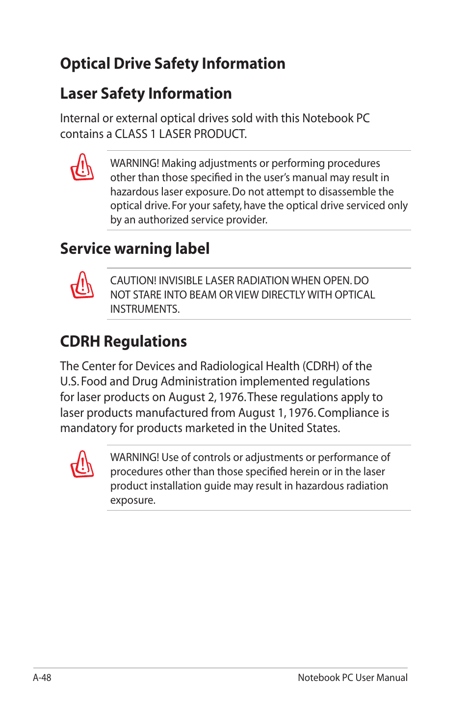 Optical drive safety information, Laser safety information, Service warning label | Cdrh regulations | Asus G55VW User Manual | Page 126 / 134