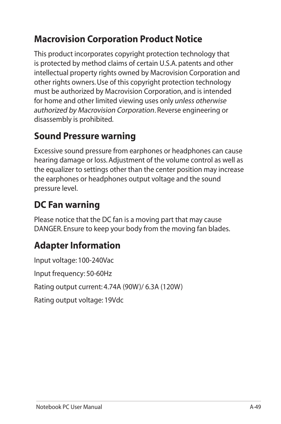 Macrovision corporation product notice, Sound pressure warning, Dc fan warning | Adapter information | Asus G55VW User Manual | Page 127 / 134