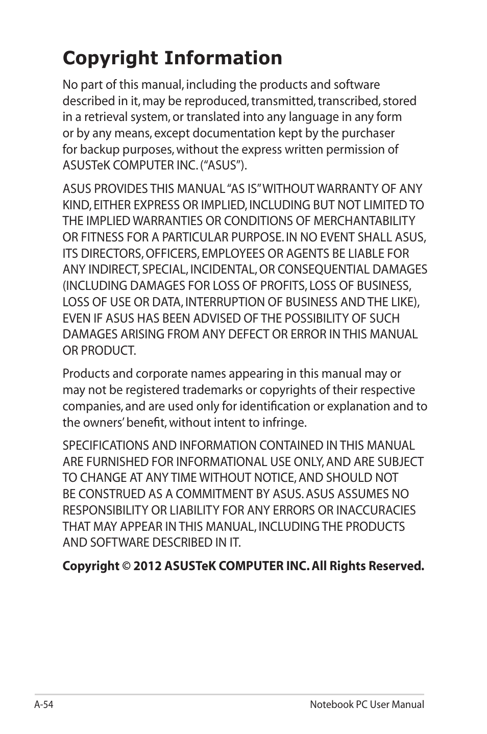 Copyright information | Asus G55VW User Manual | Page 132 / 134