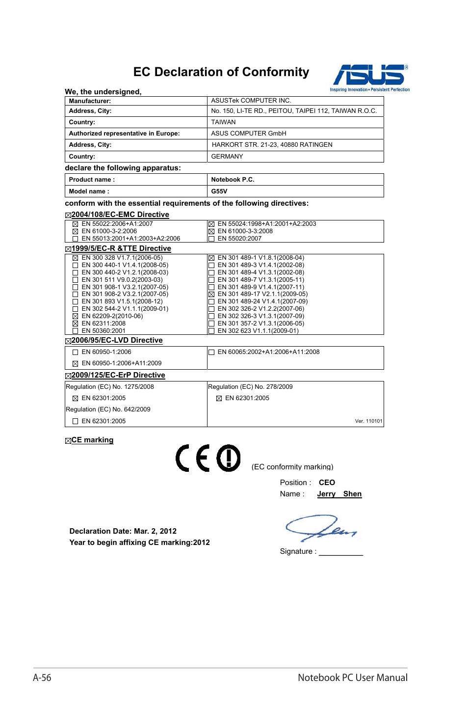 Ec declaration of conformity | Asus G55VW User Manual | Page 134 / 134