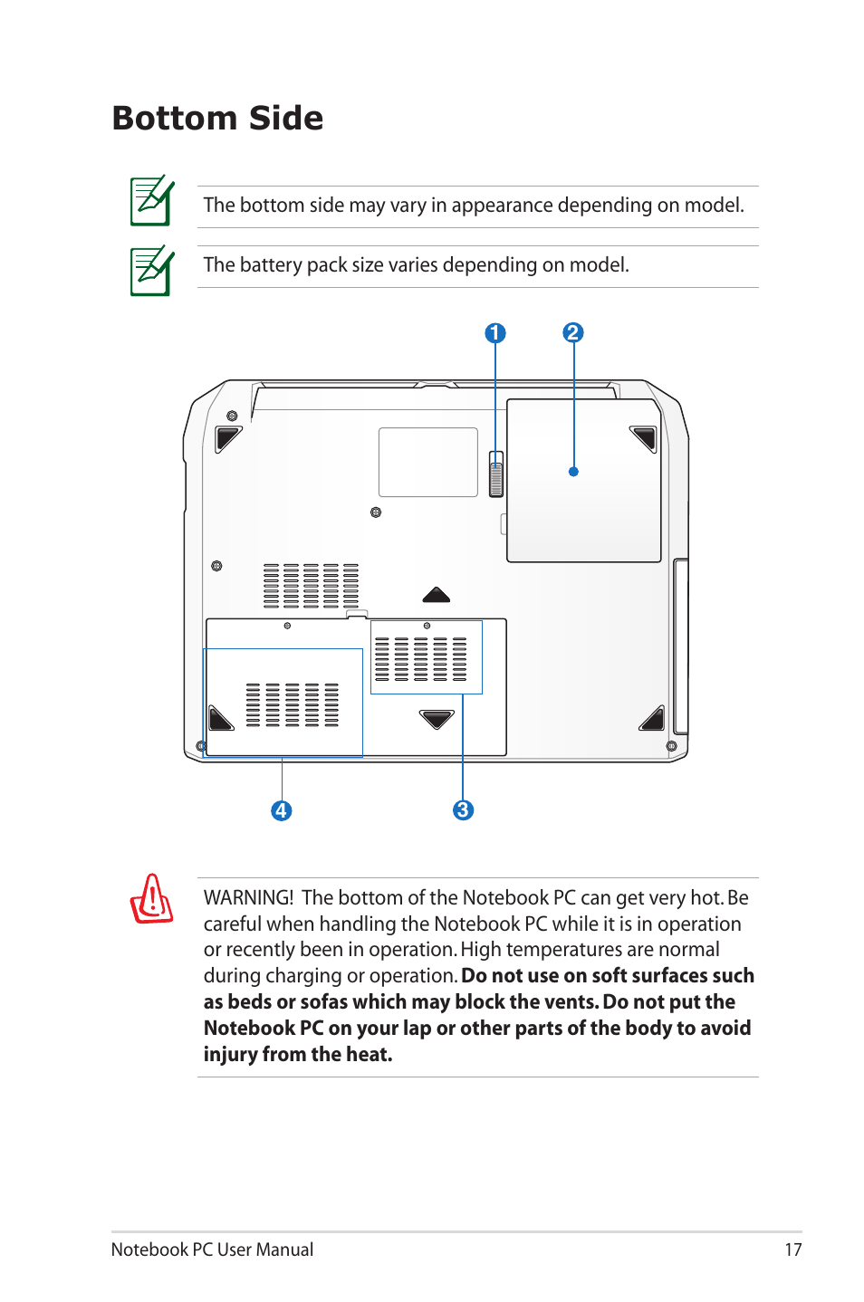 Bottom side | Asus G55VW User Manual | Page 17 / 134